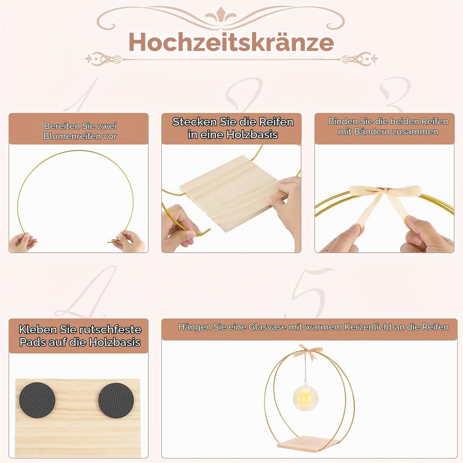 8 Stück Metallringe zum Basteln, 32cm Metallring mit Fuß,Deko Ring mit Ständer, Kerzenlicht & Transparenter Acrylhänger, Deko Hochzeitsgeschenk für Hochzeitstisch Kranz Dekor DIY Handwerk