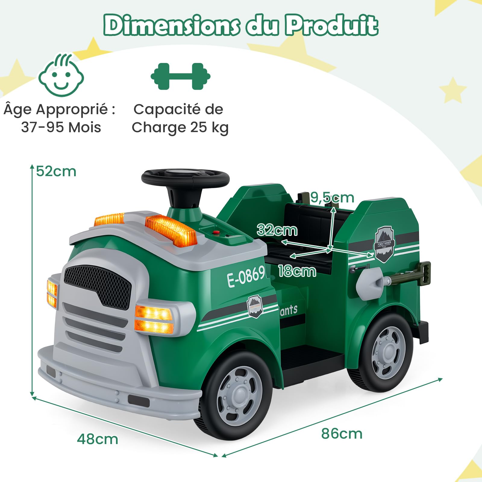GOPLUS Camion Pompier Enfants 12V, Voiture Electrique Enfant avec Pelle, Extincteur, Échelle, Casque de Protection, Gyrophare, Musique, pour 3-5 Ans, Charge 25KG (Vert)