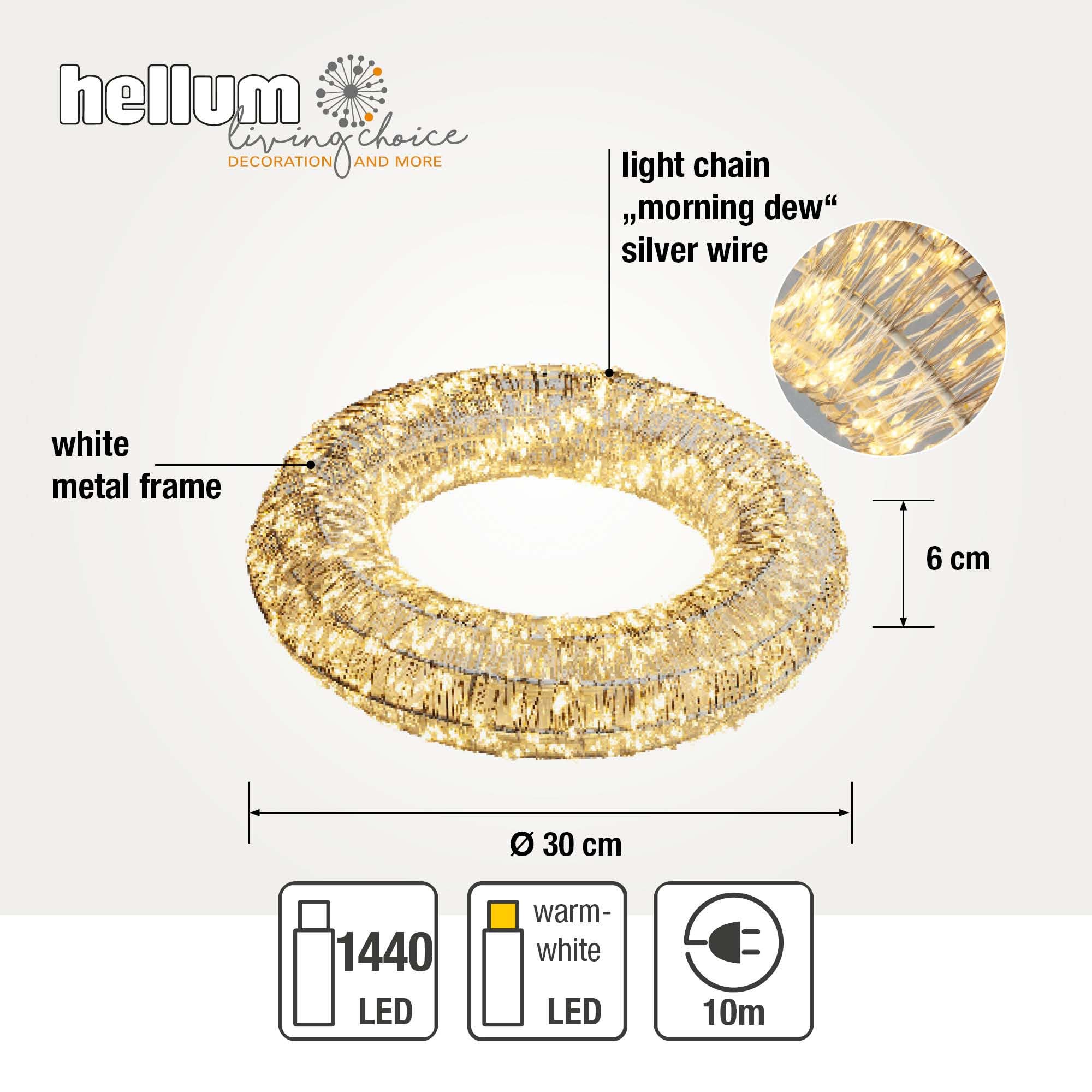 Hellum Guirnalda luminosa LED con temporizador Ø30cm, con perlas de rocío Guirnalda luminosa LED para exterior e interior 1440 luces blancas cálidas, transformador exteriors 153095