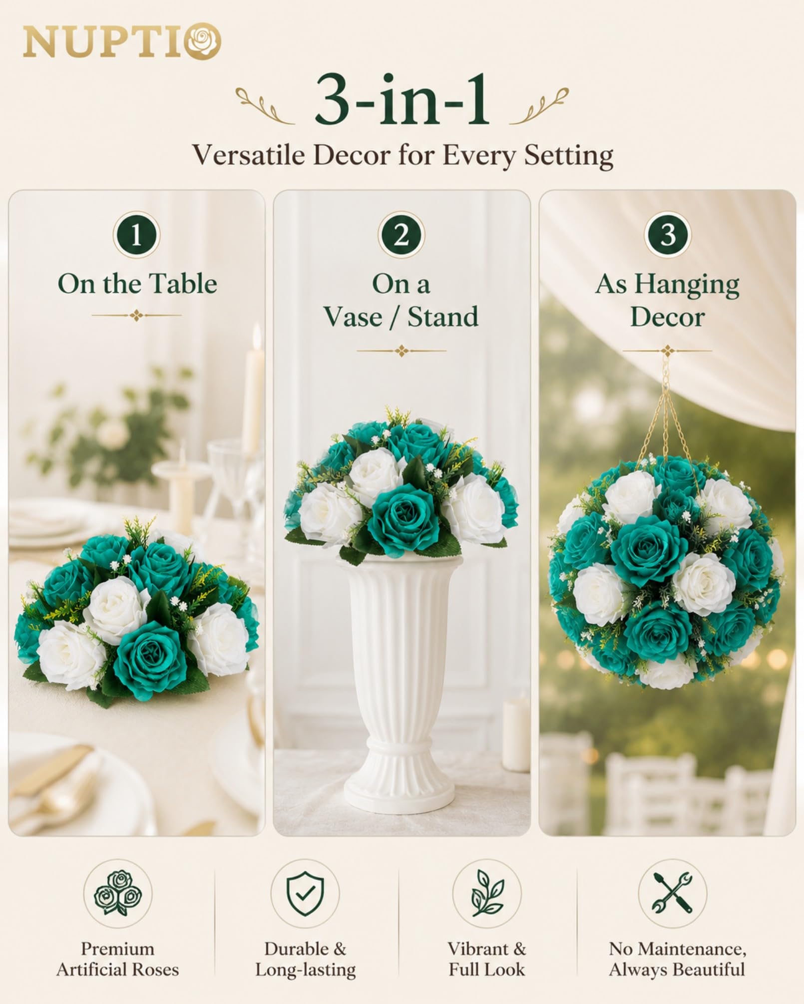 Nuptio Bouquet di Palline di Fiori: 6 Pezzi Centrotavola Fiori Artificiali Composizioni Rose 24cm Diametro Verde Acqua & Bianco Rose Finte Centrotavola per Matrimoni Decorazioni Tavola Feste Natale