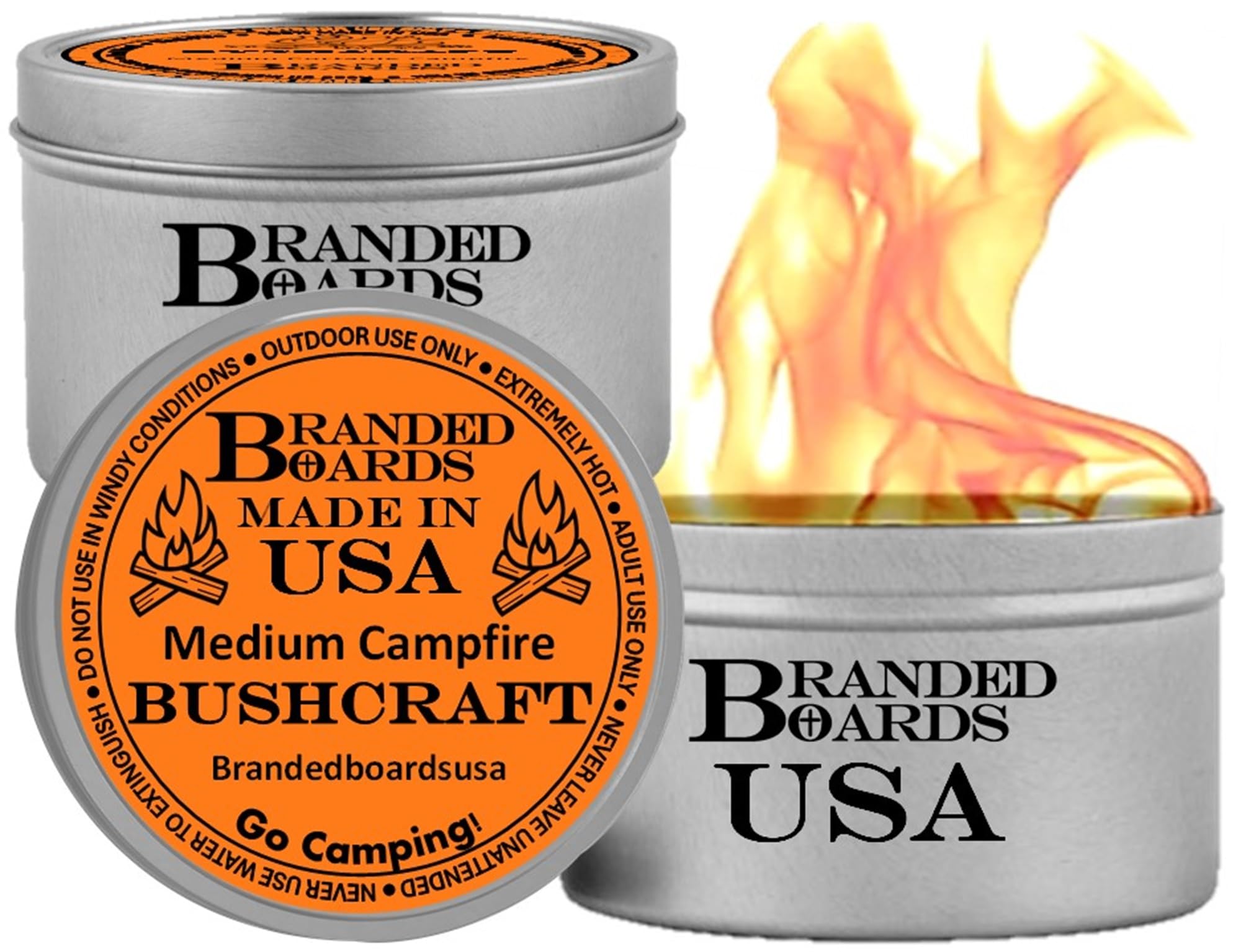 Branded Boards | Made in USA | Portable Mini Bonfire Campfire in a Can | Reusable & up to 4 Hours of Burn Time | Picnics Parties S'Mores Gifts Bushcraft Camping Survival Emergencies (2-Pack Med)
