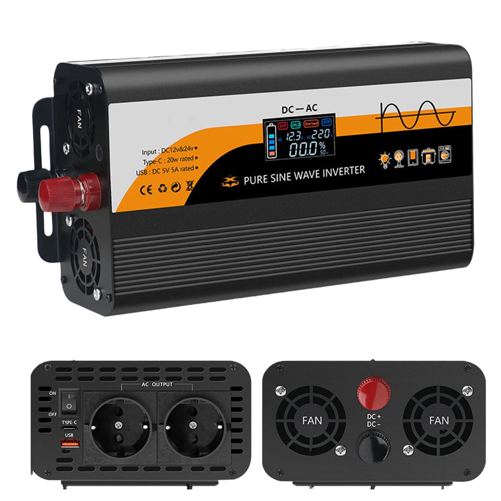Inversor de voltaje CC 12 V/24 V a CA 230 V inversor sinusoidal puro 1300 W/3000 W con 2 enchufes europeos, tipo C, USB y pantalla LCD, adaptador de corriente para coche, camión, caravana, camping