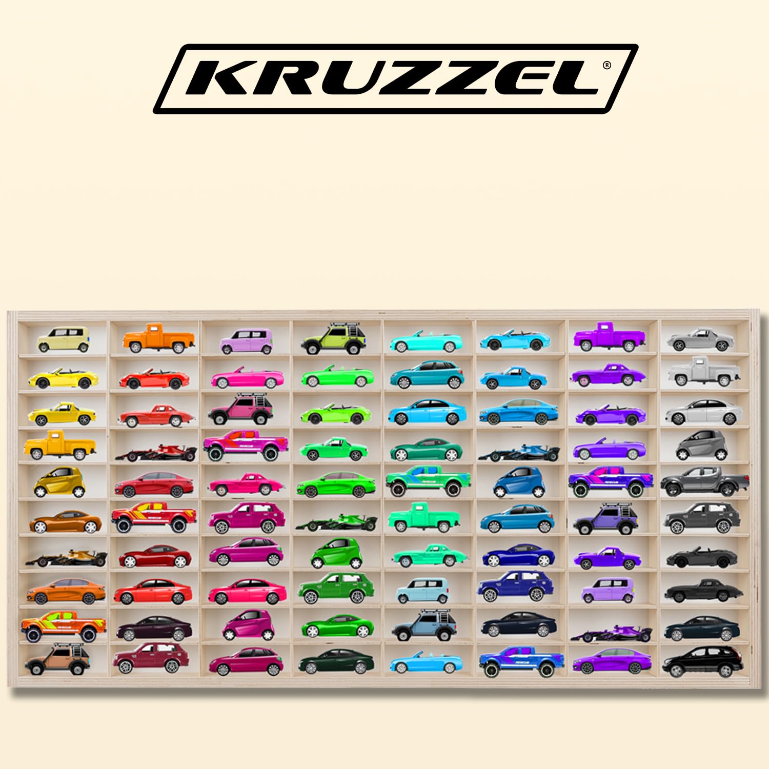 KRUZZEL - Estante de madera para coches de juguete con 80 compartimentos - Estante de pared para habitación infantil - Apilable y ajustable - Vitrina de coleccionista de madera - Caja expositora de