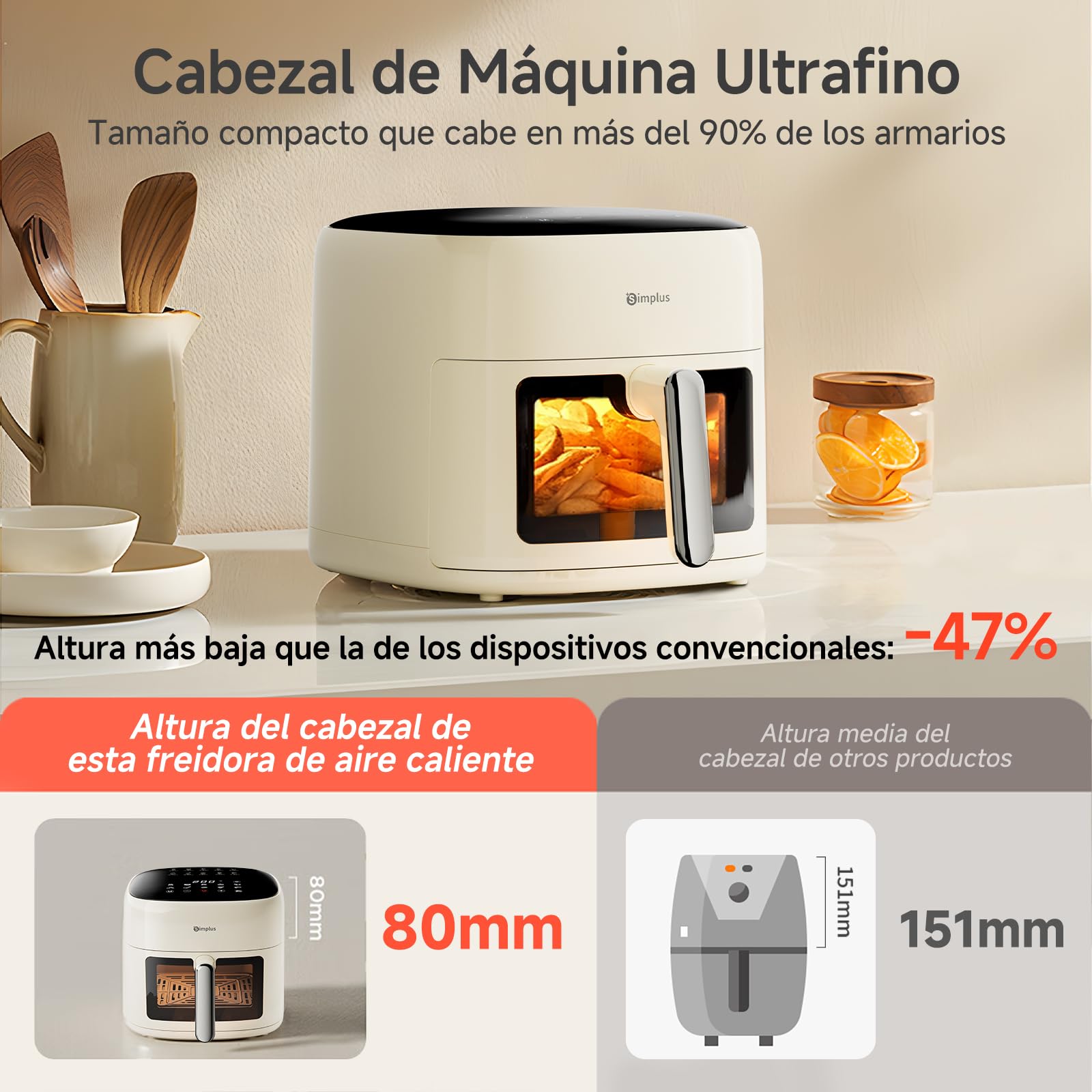 SIMPLUS Freidora de Aire Caliente 6,5L, Diseño Plano Grande Capacidad Sin Espacio, Ventana Visible + Pantalla Táctil, 10 Programas, Antiadherente, Ideal para Familias, Color Crema