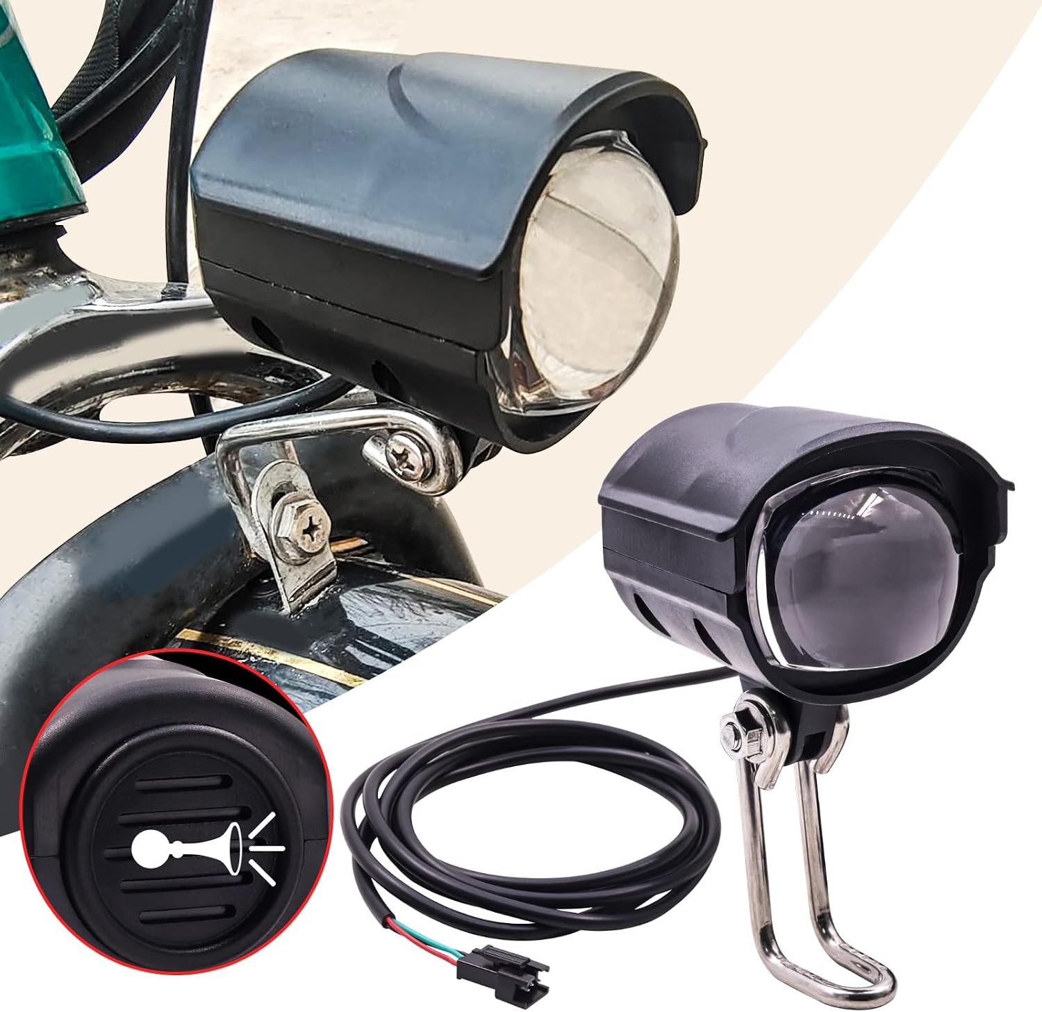 Biqing 2 in 1 Electric Bike Spotlight with Horn,36-60V Bike Front Light 12W Motorcycle Spotlight Fog Light with Bell Waterproof for Electric Scooter(with 59in Wire Cable)