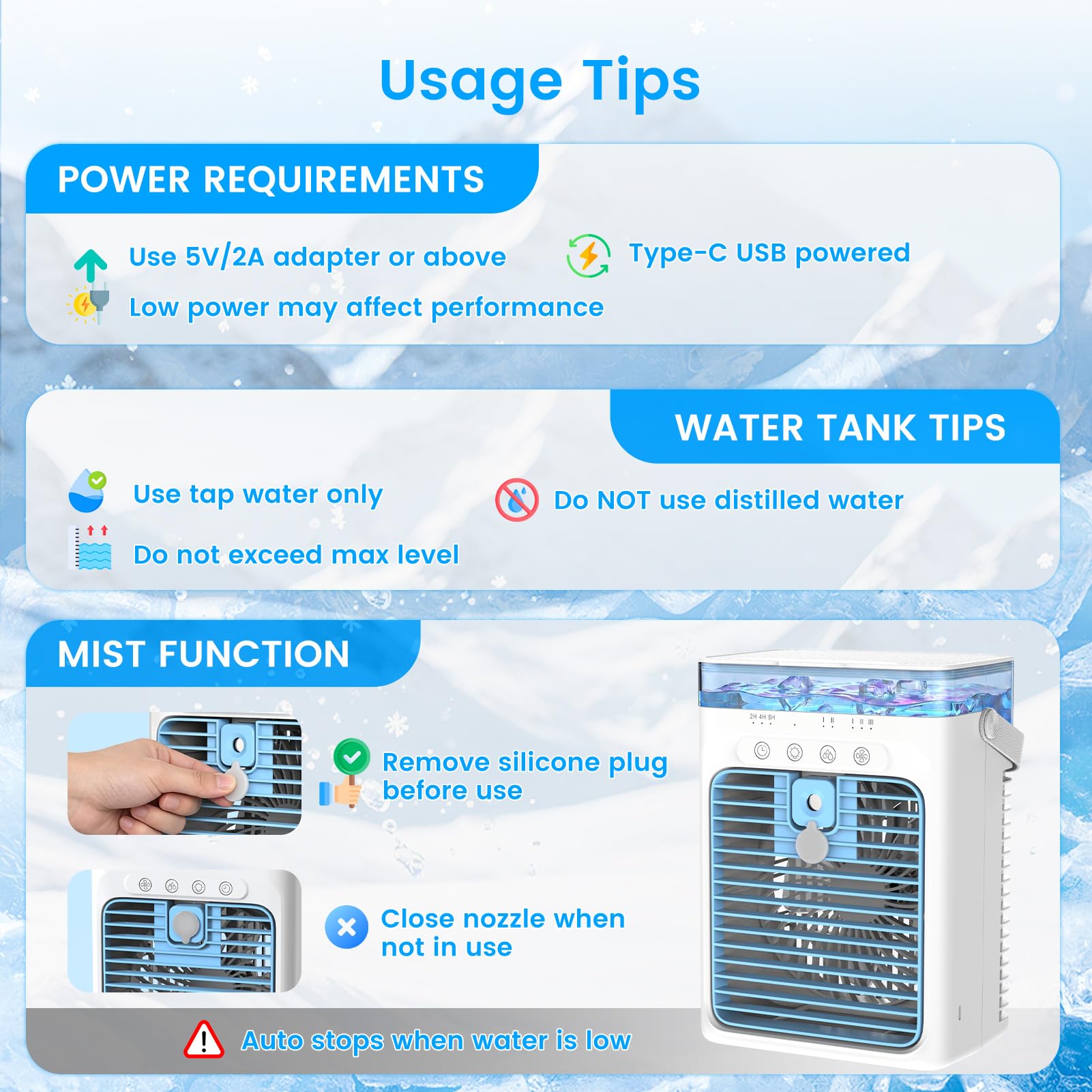 Aire Acondicionado Portátil Sin Tubo 4 en 1, Mini Aire Acondicionado Portátil, Climatizador Evaporativo USB, 3 Velocidades, 2 Modos Niebla, Depósito 1000ML, Temporizador 2/4/8H, Silencioso Ventilador