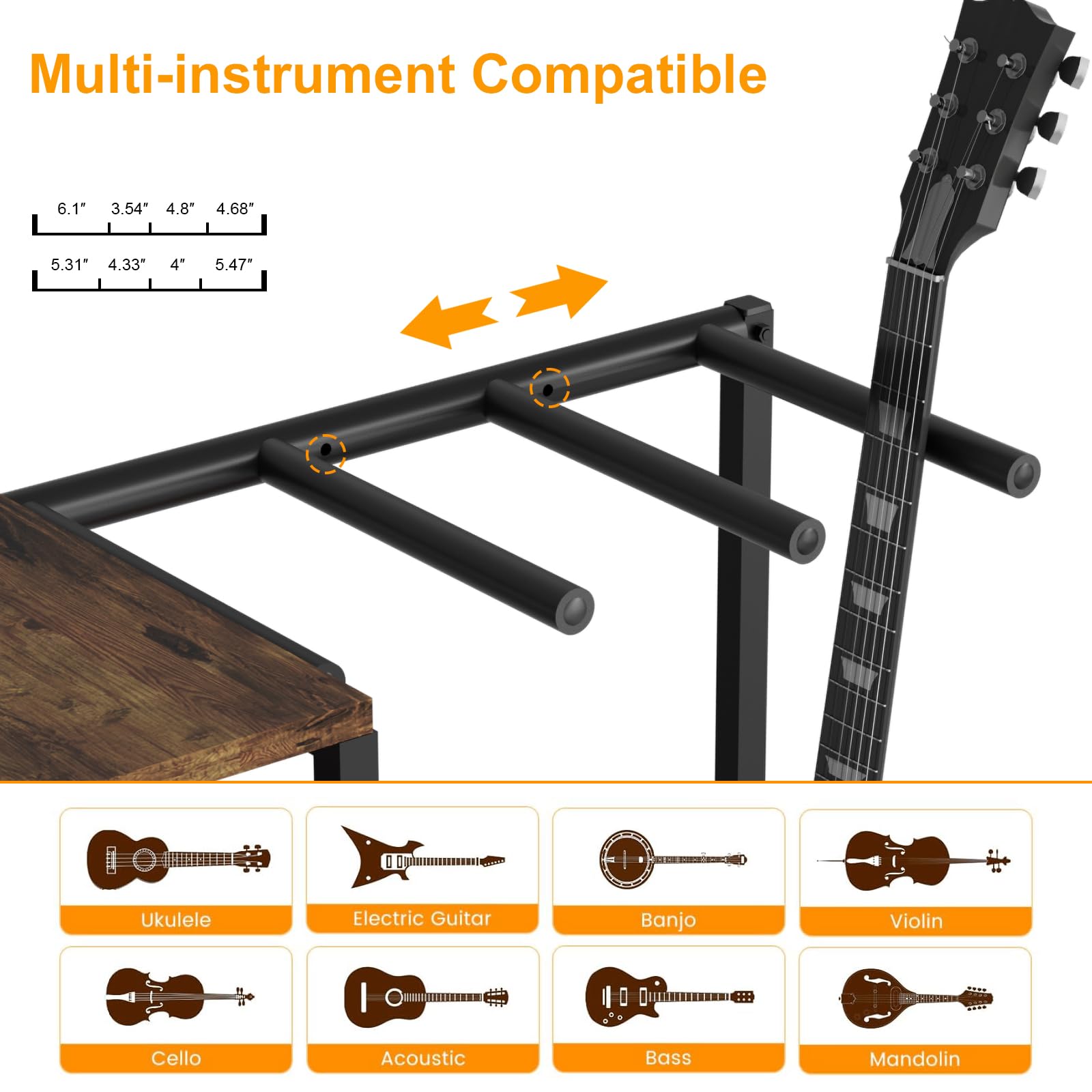 Supporto per chitarra per 6 chitarre, regolabile, con protezione imbottita morbida per chitarra acustica, elettrica, basso e ukulele, espositore per chitarra con 3 ripiani per amplificatori e