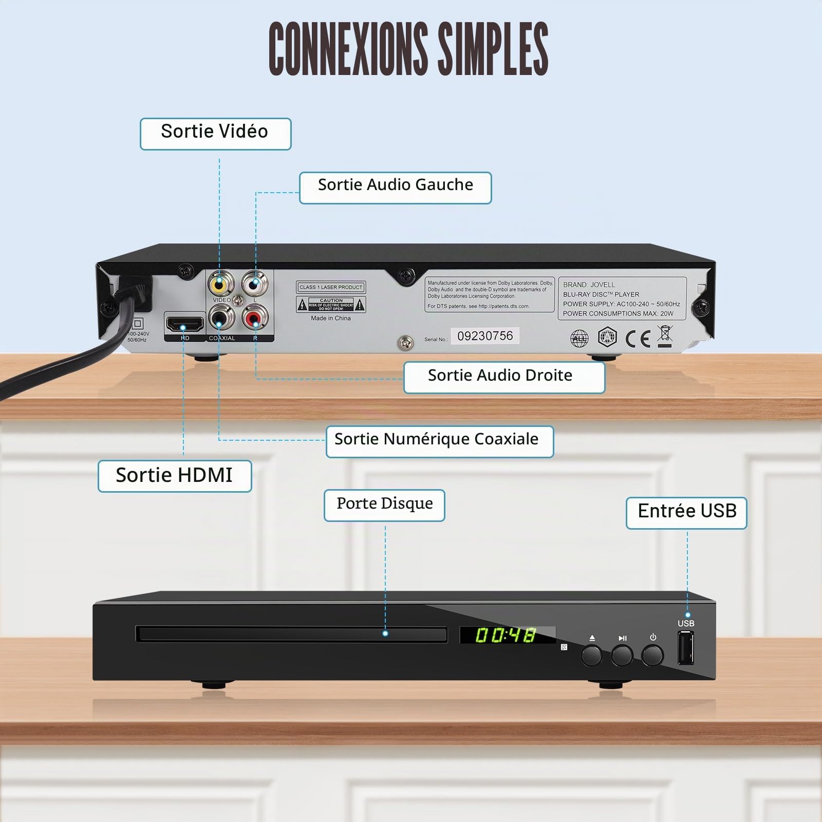 Lecteur Blu-Ray pour Téléviseur (Région 2), Compact Lecteur CD DVD Multizone avec Sortie Coaxiale AV HDMI Entrée USB, Prise en Charge clé USB, Lecture des Disques Blu-Ray de la Région 2