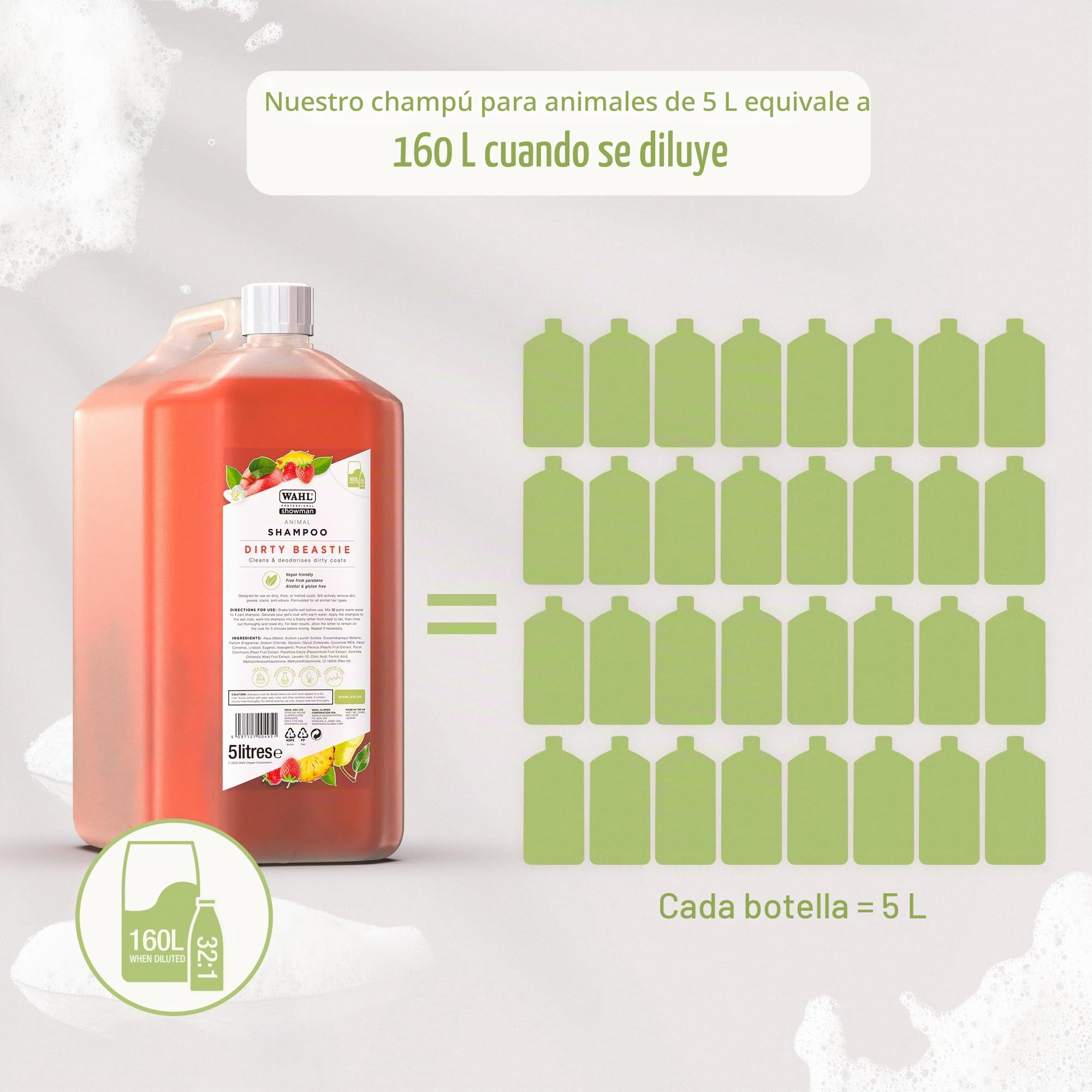 WAHL Dirty Beastie Dog Shampoo - 5 l, Concentrado 32:1, fórmula Vegana para pelajes sucios, Gruesos o enmarañados, Limpia y desodoriza