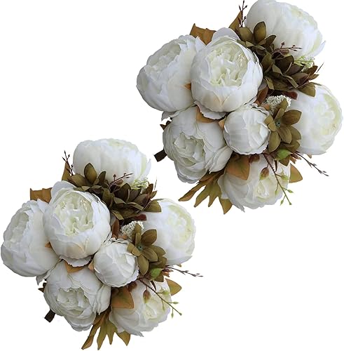 Luyue Ramo de flores de seda de peonía artificial vintage, decoración de boda para el hogar, 2 uds. (blanco)