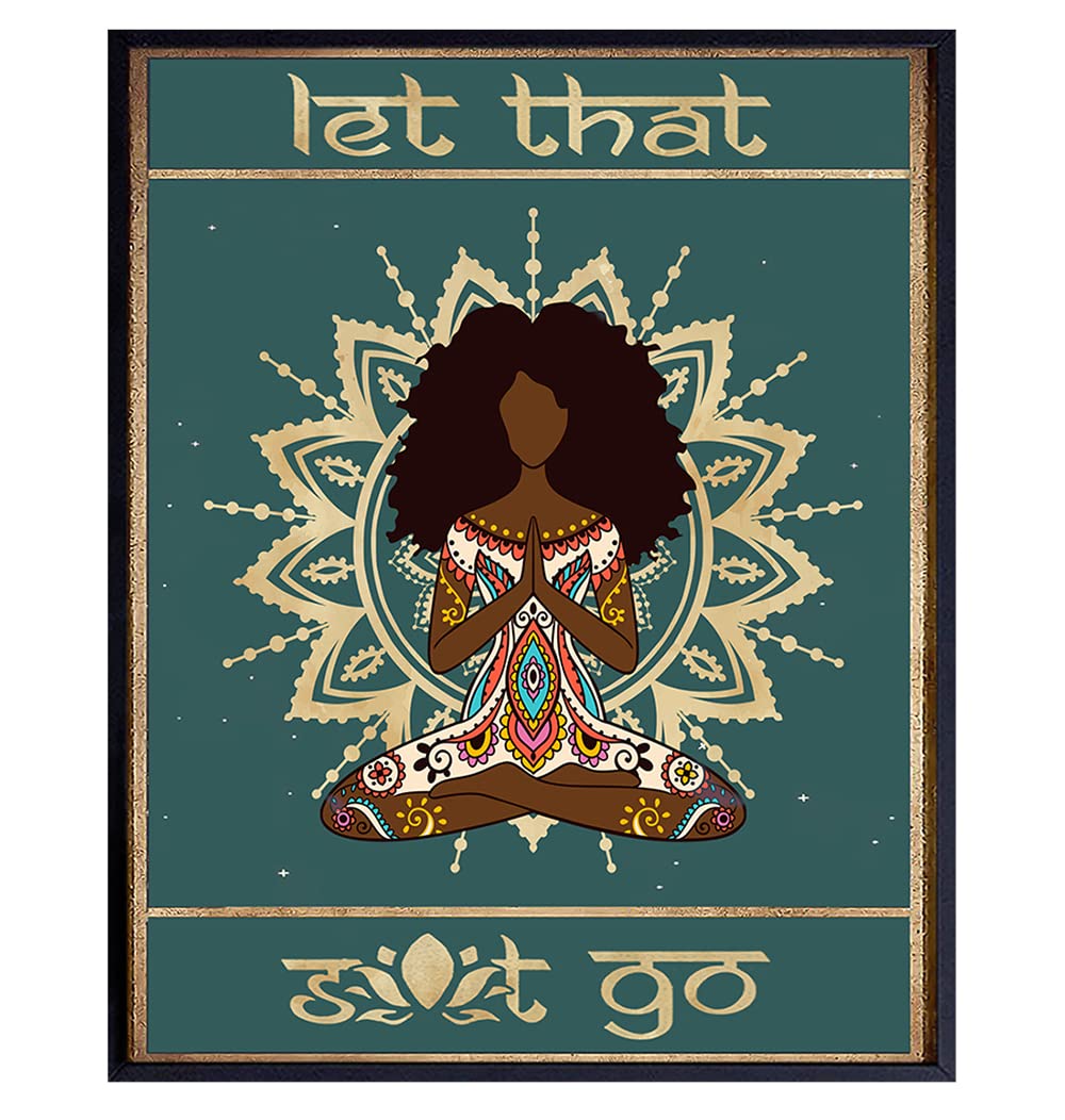 African American Bathroom Wall Decor - Let That Shit Go Poster 8x10 - Inspirational Motivational Positive Quotes - Zen Yoga Meditation - Black Wall Art - Funny Sayings - Afro Centric Gifts for Women