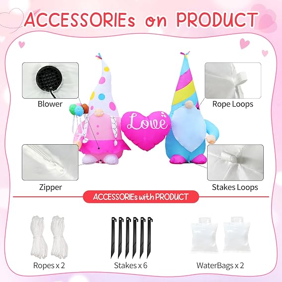 DomKom 6ft Long Valentines Day Inflatables Outdoor Decorations, Gnome Couples with Heart Blow Up Build-in Led Lights for Wedding Party Garden Yard Lawn Decor