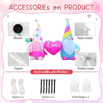 DomKom 6ft Long Valentines Day Inflatables Outdoor Decorations, Gnome Couples with Heart Blow Up Build-in Led Lights for Wedding Party Garden Yard Lawn Decor