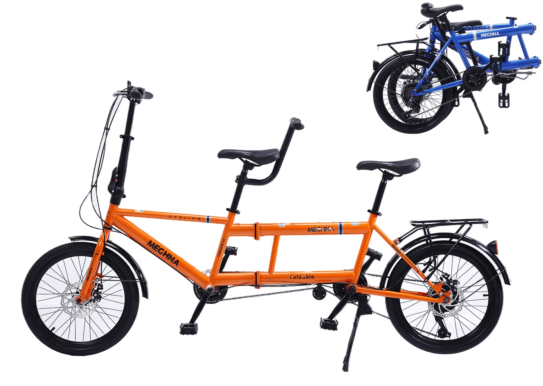 Bici Tandem Pieghevole Classico - Città in Tandem Pieghevole, Bici da Spiaggia per Adulti, 7 Velocità Regolabili, 3 Posti, Arancione