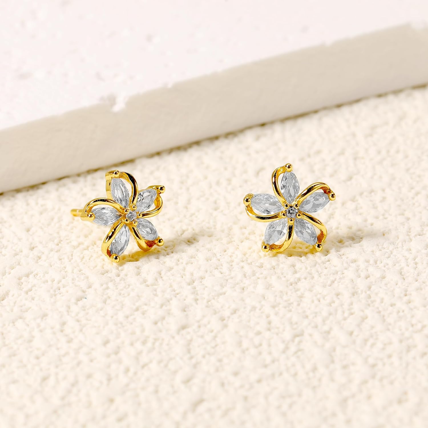 925 Sterling Silver Flower Cubic Zirconia Stud Earring for Women 14K Gold Plated Floral Crystal Earring Cute Blossom Trendy Hypoallergenic Earring Jewelry Mothers Day Gifts for Monther