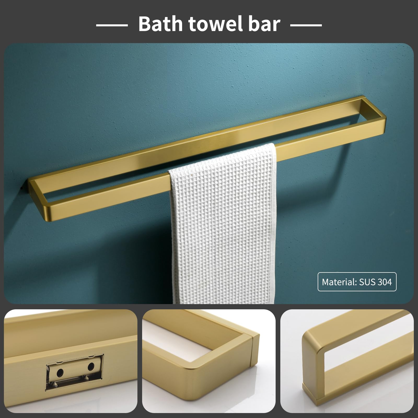YACVCL Bathroom Hardware Set Brushed Gold 4-Piece Towel Bar Set Square Bathroom Accessories Kit Stainless Steel Wall Mounted - Image 3