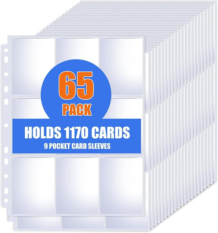 65 Pack 9 Pocket Card Sleeves Binder Sheets, Trading Card Sleeves for 3 Ring Binder, Holds 1170 Cards, Card Holder Binder Pages Protectors Fit for MTG, TCG, Baseball, Football, Game, Business Cards
