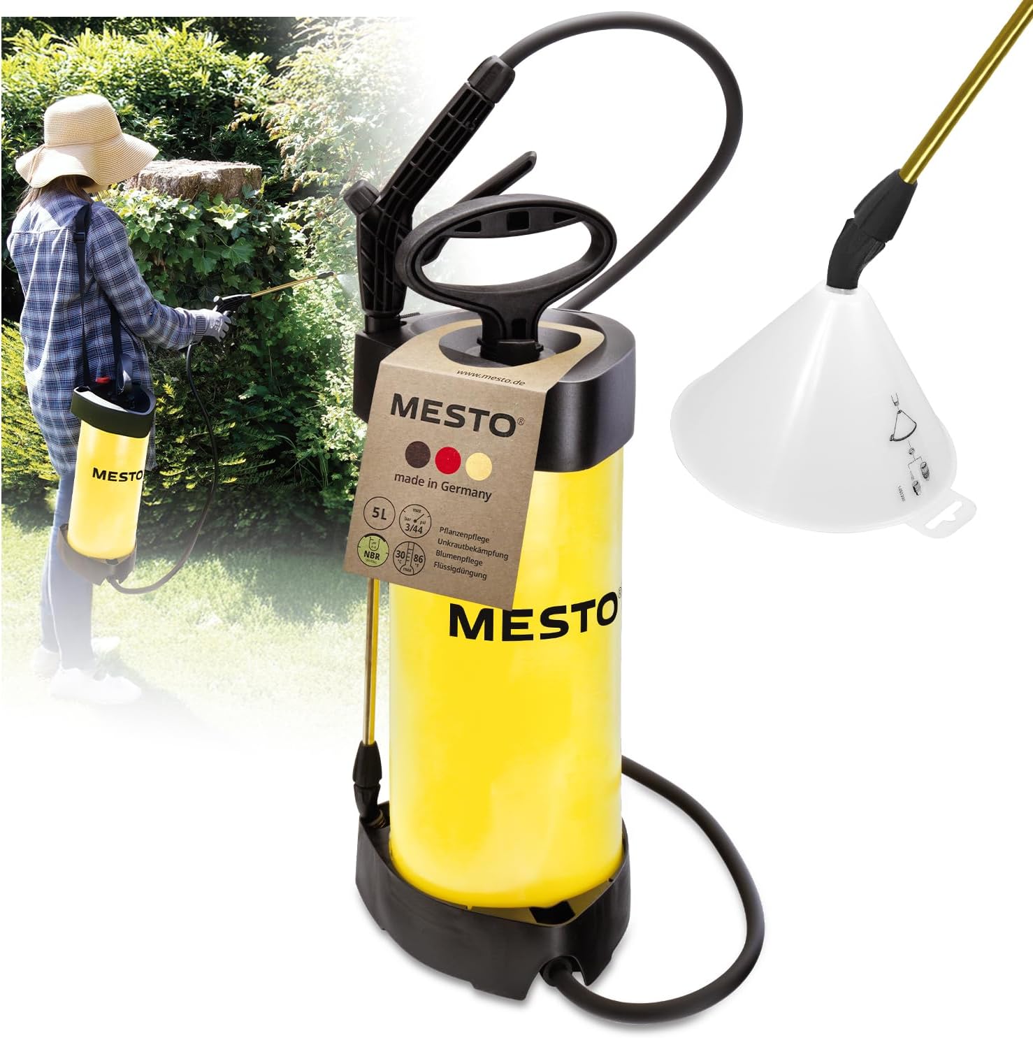 Mesto FLORI M Drucksprühgerät 5L SET inkl. Spritzschirm rund | Drucksprüher 3 Bar | Sprühflasche für Haus & Garten | Pumpsprühflasche für Pflanzen | Unkrautvernichter & Pflanzenschutz