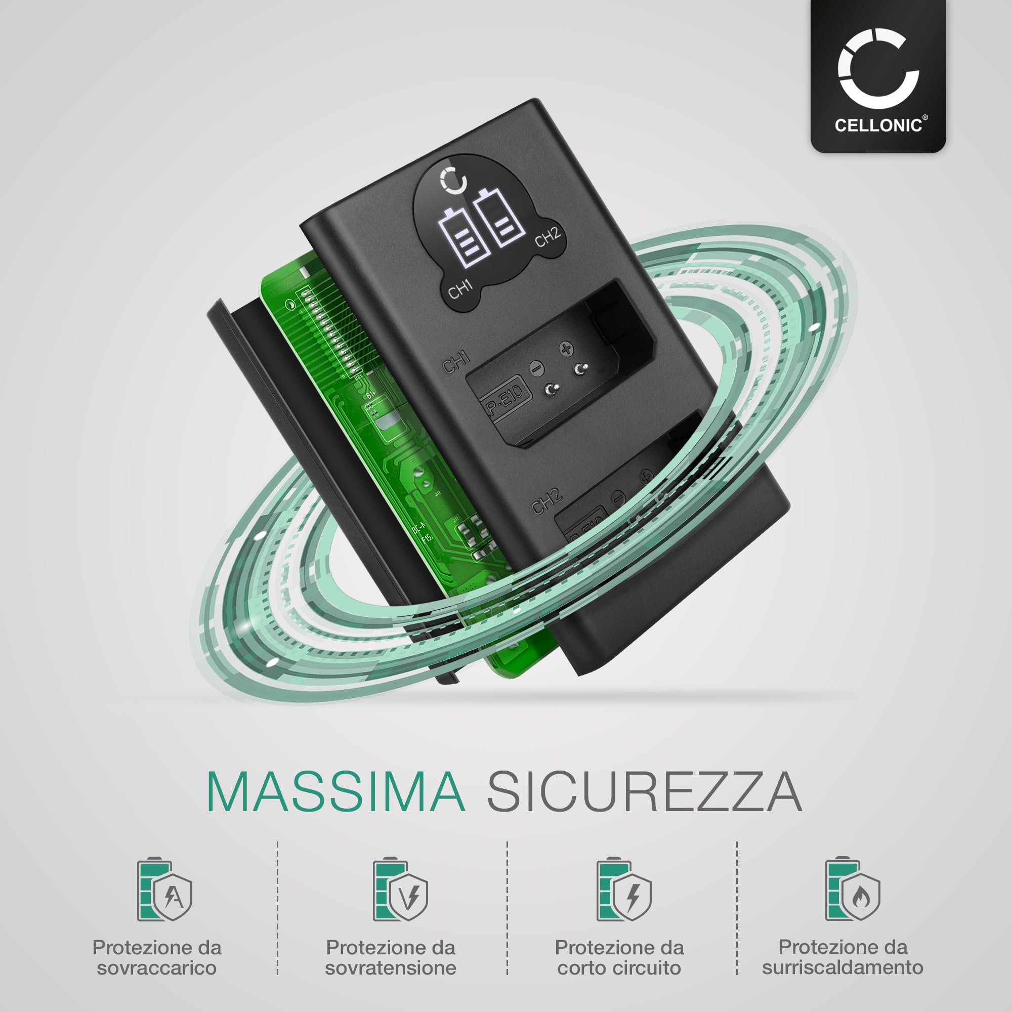 CELLONIC Caricabatteria LC-E10 Con Display LCD Per Batterie LP-E10 - 4