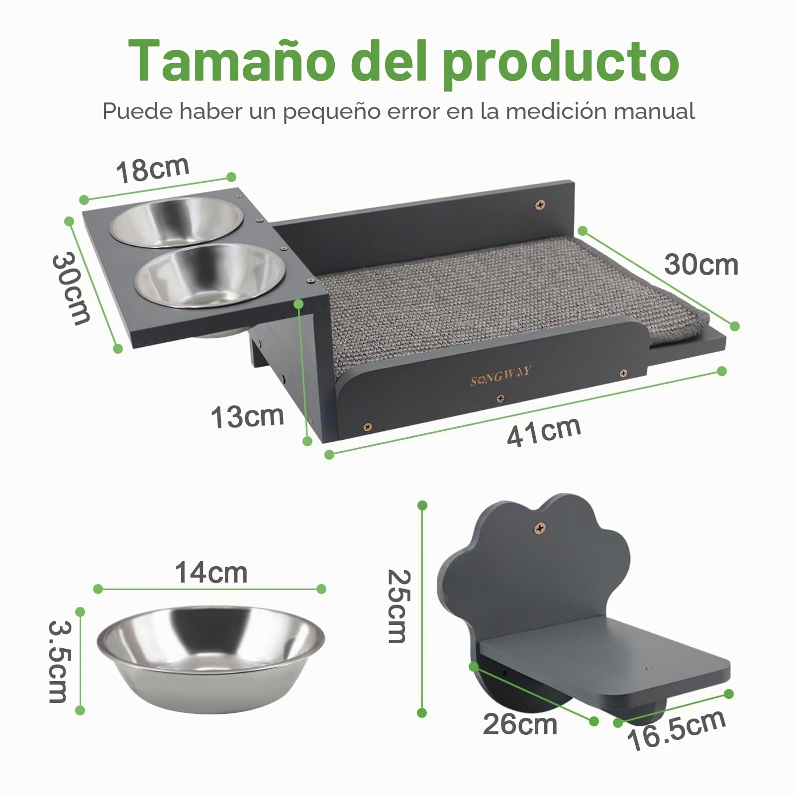 SONGWAY Estantes y Comedero de Pared para Gatos con 2 Escalones y Cuencos de Acero Inoxidable, Estación de Alimentación Elevada a Prueba de Perros, Muebles
