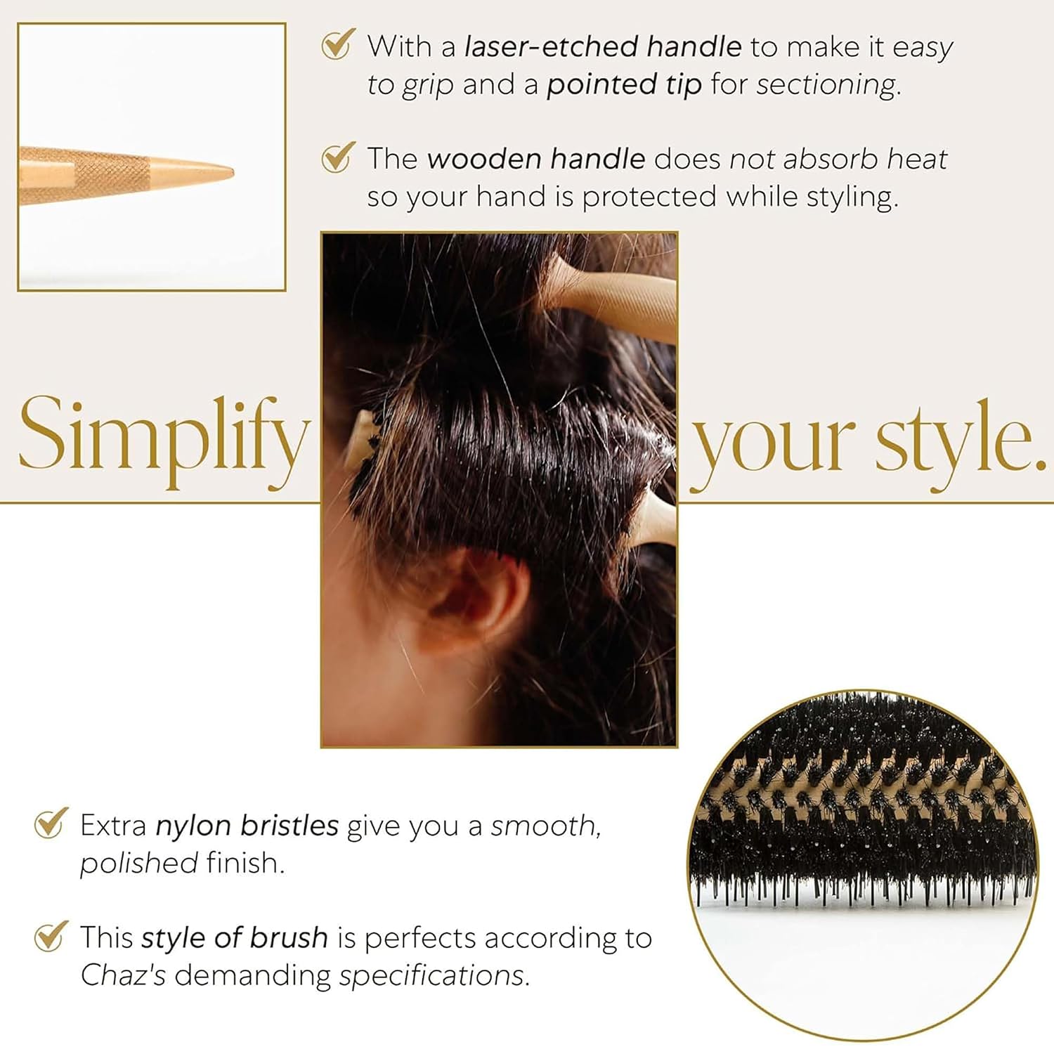 WEN by Chaz Dean Deluxe Boar Bristle Hair Brush - Wooden Round Brush For Blow Out & Blow Drying, for Women & Men, Great for Bangs, Round Styling Hairbrush, Nylon Bristles - Medium