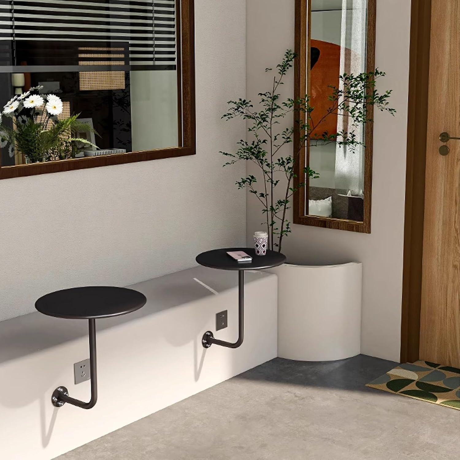 Round Bar Table Wall Mounted Pub Bistro Table for Cocktail, Floating Coffee Drink Table L-Type Kitchen Dining Table for Home Outdoor Patio Side/End Table(Black,30x30x45cm)