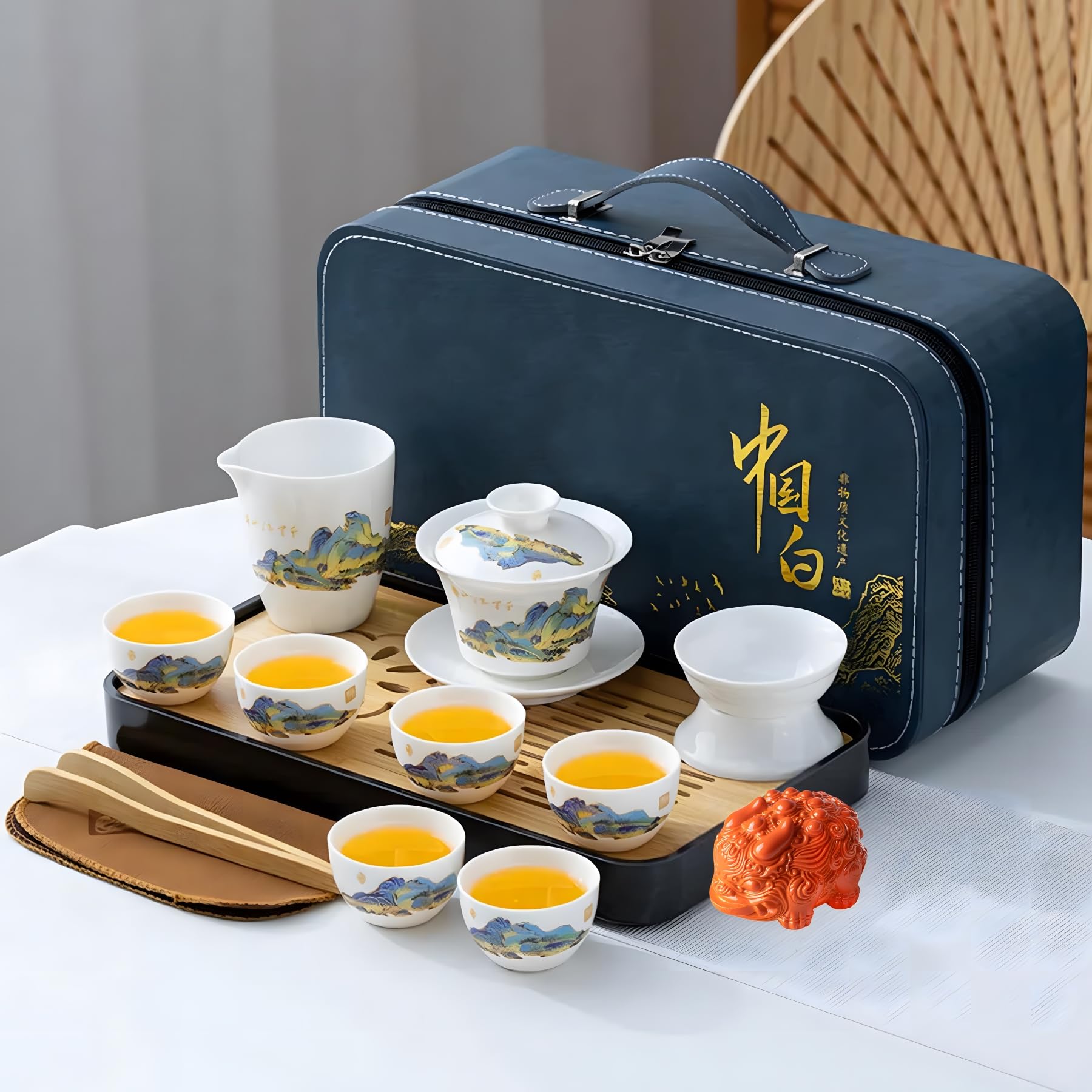 Chinese Gongfu Tea Set for Adults, Asian Gaiwan Tea Sets with Teapet & Yangzhi Jade (羊脂玉茶具), 13-Piece Blue Leather Case Teaset for Home, Office, Gifts (Qiangli Jiangshan)