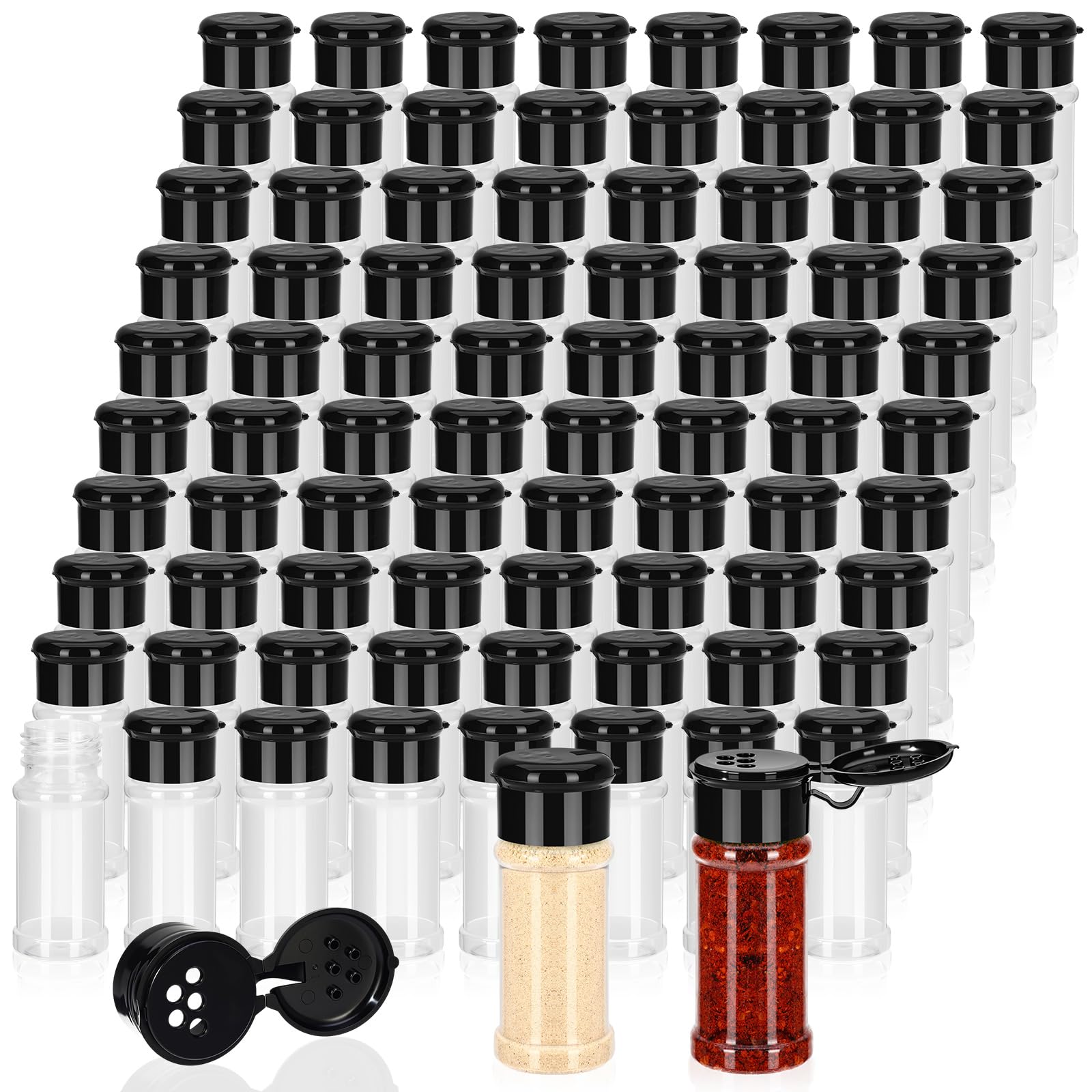 Photo 1 of **MISSING ALL LIDS****Amyhill 100 Pcs Plastic Spice Bottles Spice Jars with Black Cap Seasoning Jars Shaker 2 Oz/ 60ml Clear Bottle Containers with Shaker Lids for Storing Herbs and Seasoning Powders