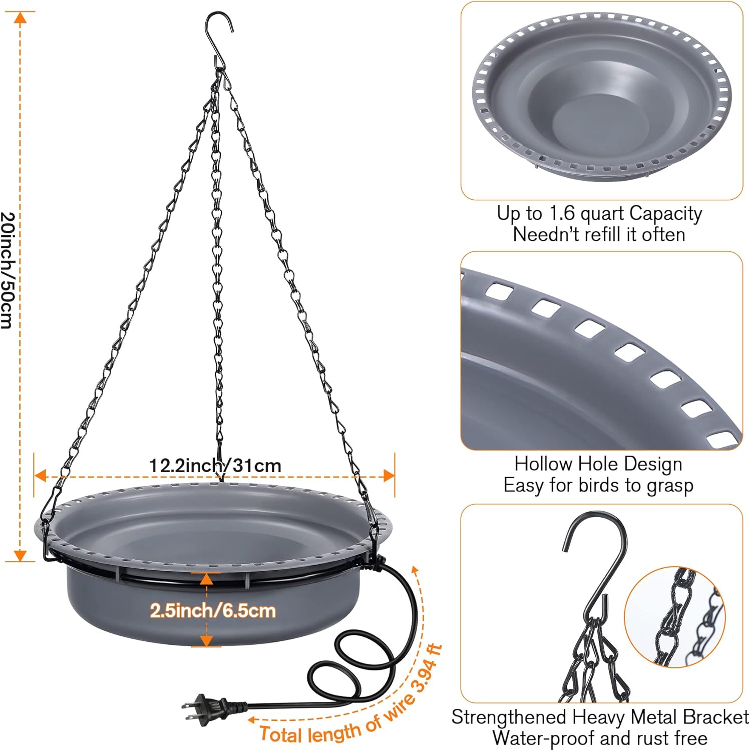 Saillong Heated Bird Baths for Outdoors for Winter with Thermostat Control, Powerful 75W Bird Bath Heater for Outside, Birdbath Birds Feeder for Winter Garden Patio Yard Lawn(Handing Style)