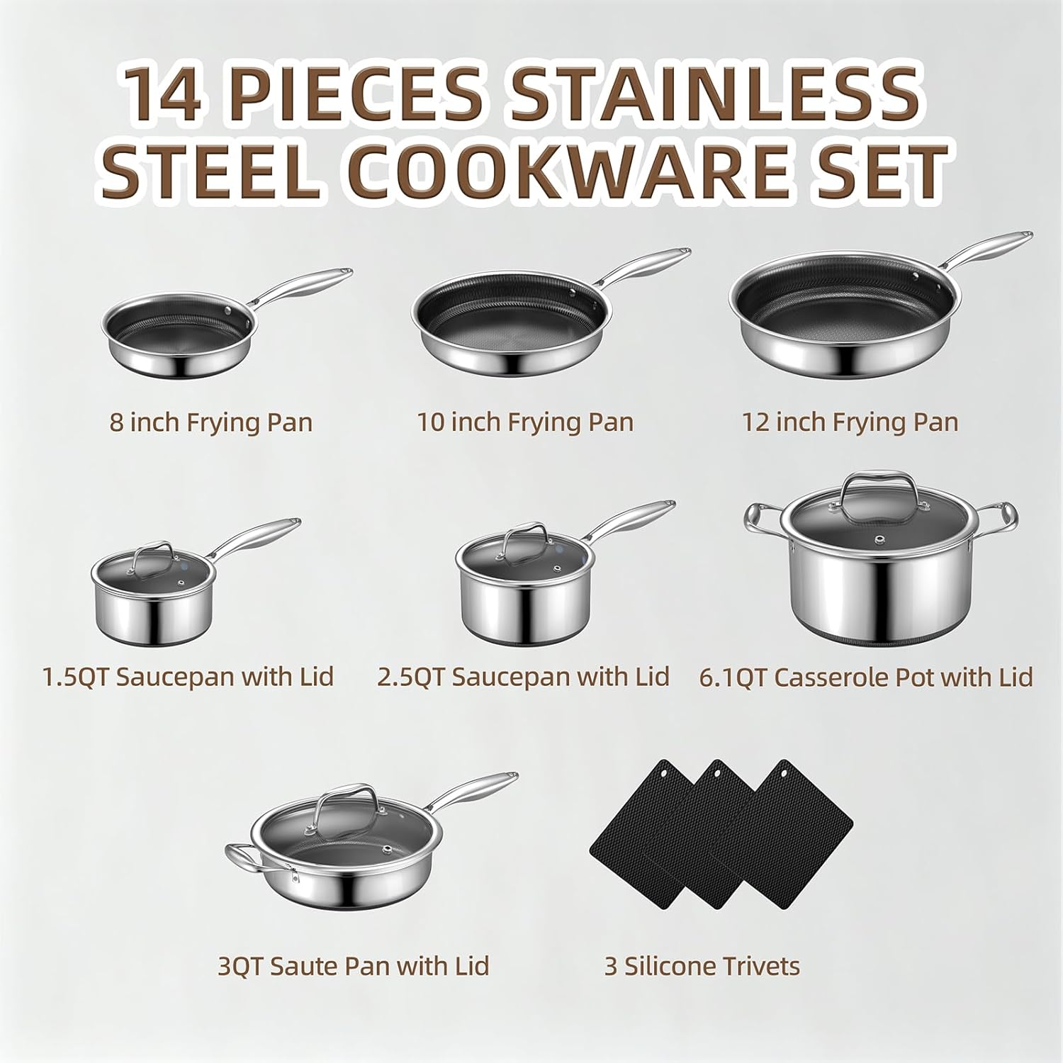 Yoehka 14-Piece Hybrid Stainless Steel Cookware Set, Non-Stick Pots and Pans Set with 3 Silicone Trivets | Induction Compatible Frying Pans, Saucepans, Saute Pan & Stock Pot | Oven Dishwasher Safe - Image 2