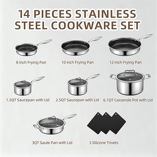 Miniatura 2 de Yoehka Juego de utensilios de cocina de acero inoxidable de 14 piezas, ollas y sartenes antiadherentes con 3 salvamanteles de silicona  Sartenes,