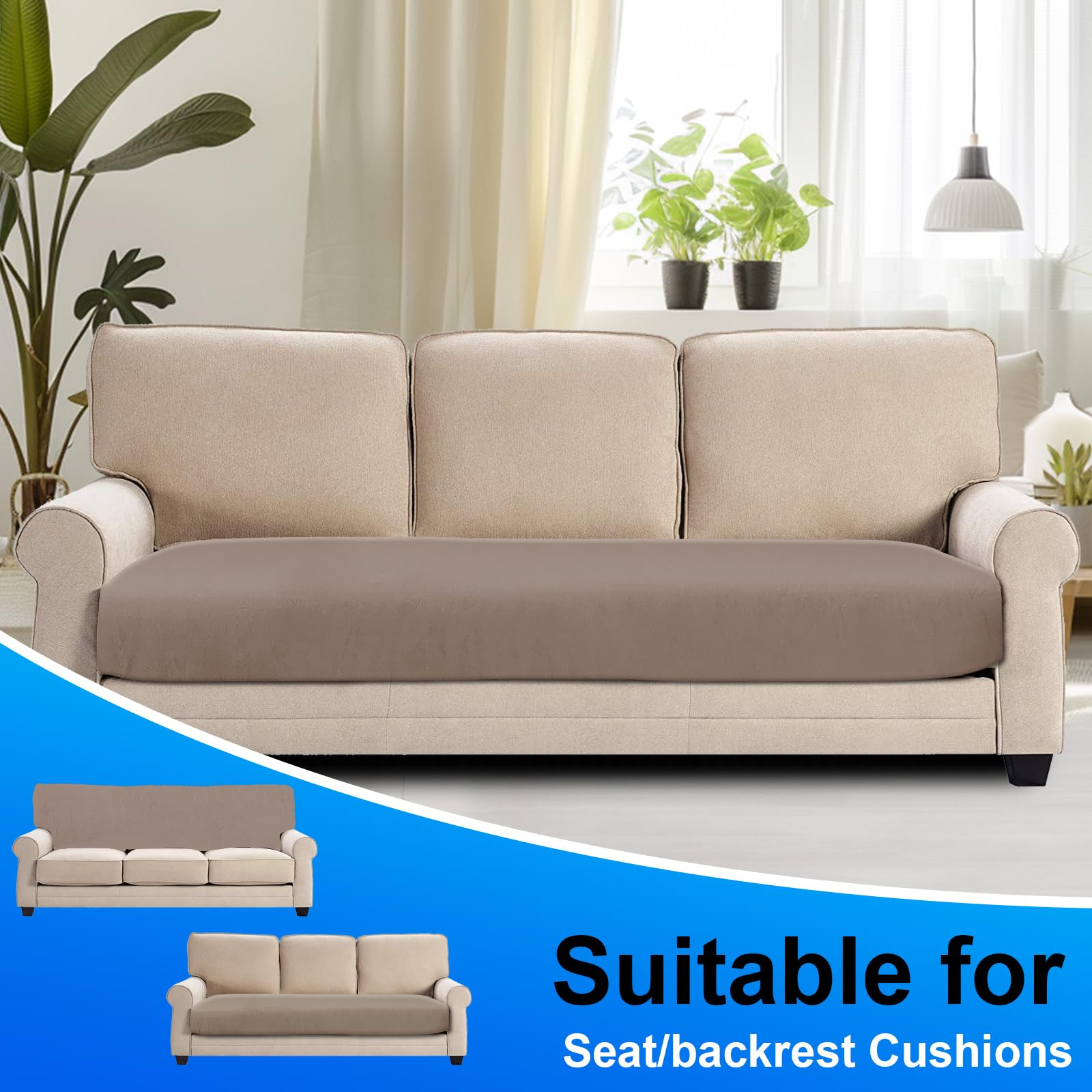 Velluto Copriseduta Divano Elasticizzato, Universale Copricuscini Divano Antiscivolo, Copridivano Cuscini Separati, Soft Sofa Seat Cover Lavabili(3 Posti, Cachi)