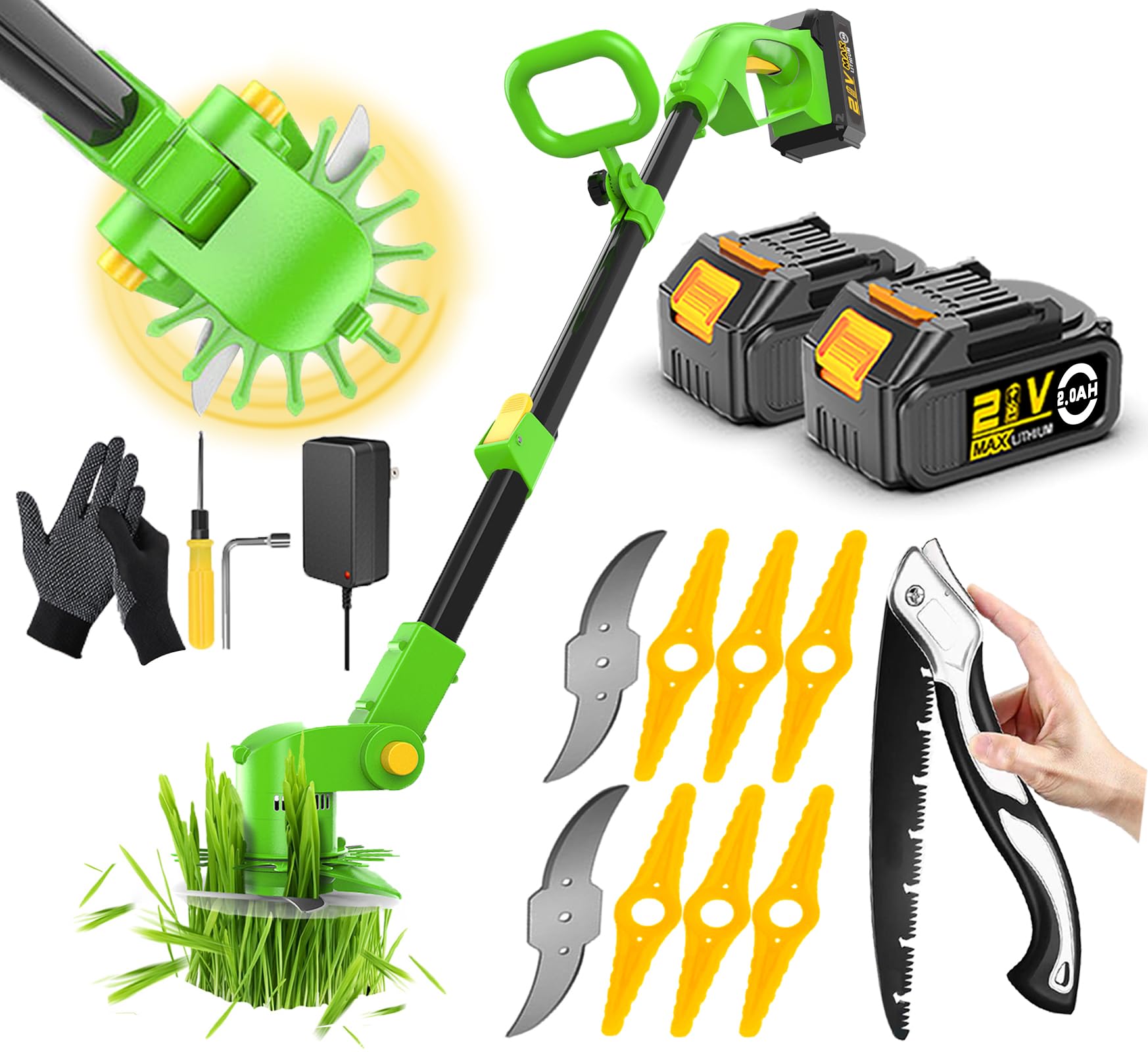 21V Strimmer Cordless Grass Trimmer Garden Strimmer Electric Battery Powered with 2×2.5Ah Battery & Fast Charger, 3 Kinds Spare Blades Brush Cutter for Garden Lawn Weeds Clearing