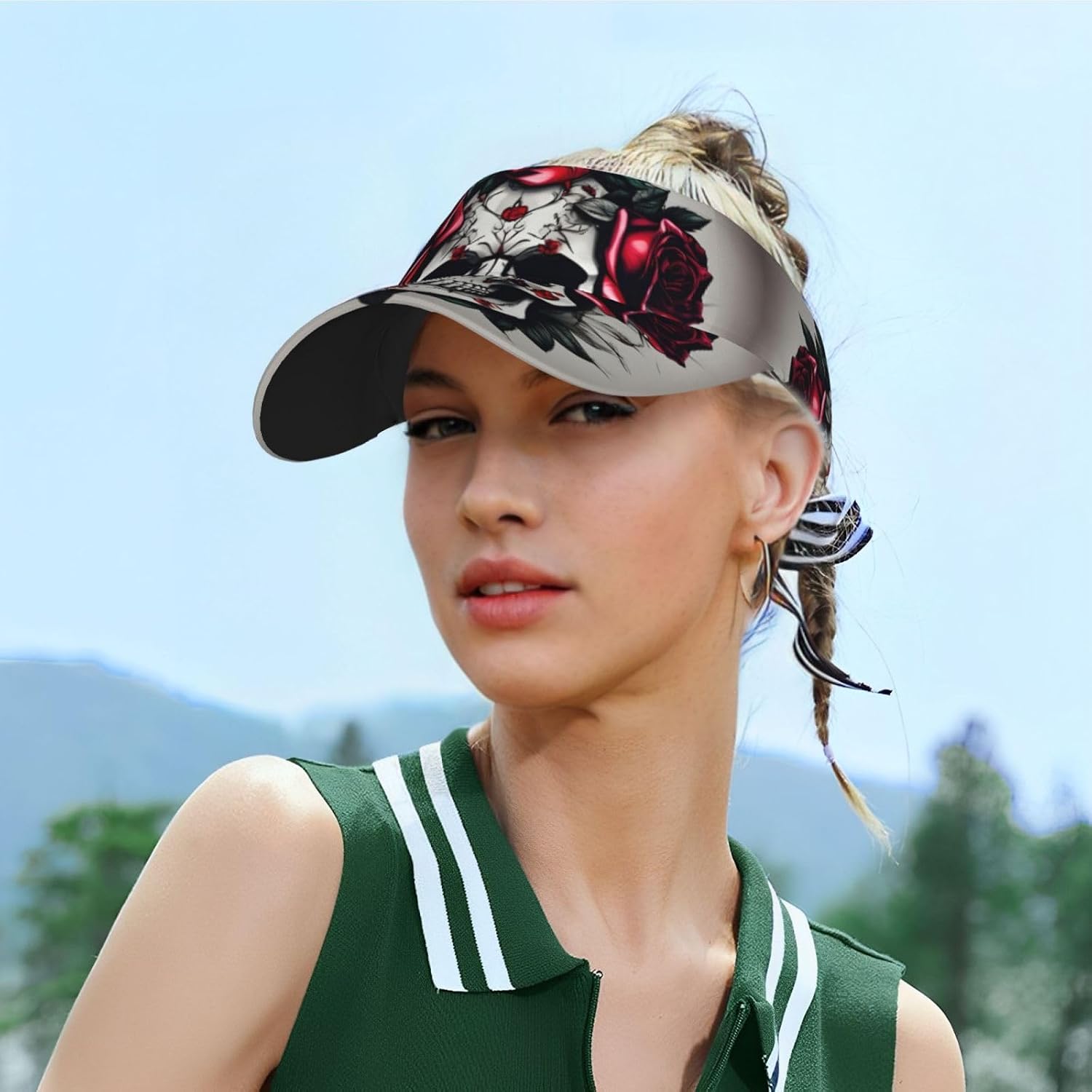 Red Rose Skull Print Foldable Sun Visor Hat Lightweight Adjustable Sun Visor Hat Outdoor Sports Cap for Adults