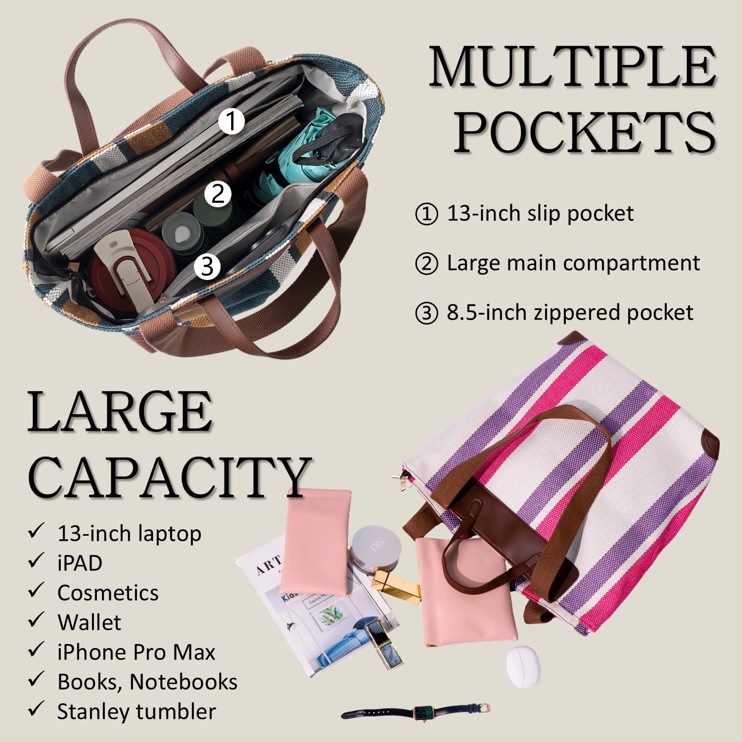 HFLZBRO Borsa da lavoro grande da donna – Borsa a tracolla in tela per ufficio e uso quotidiano, borsa a spalla con ampio spazio di archiviazione