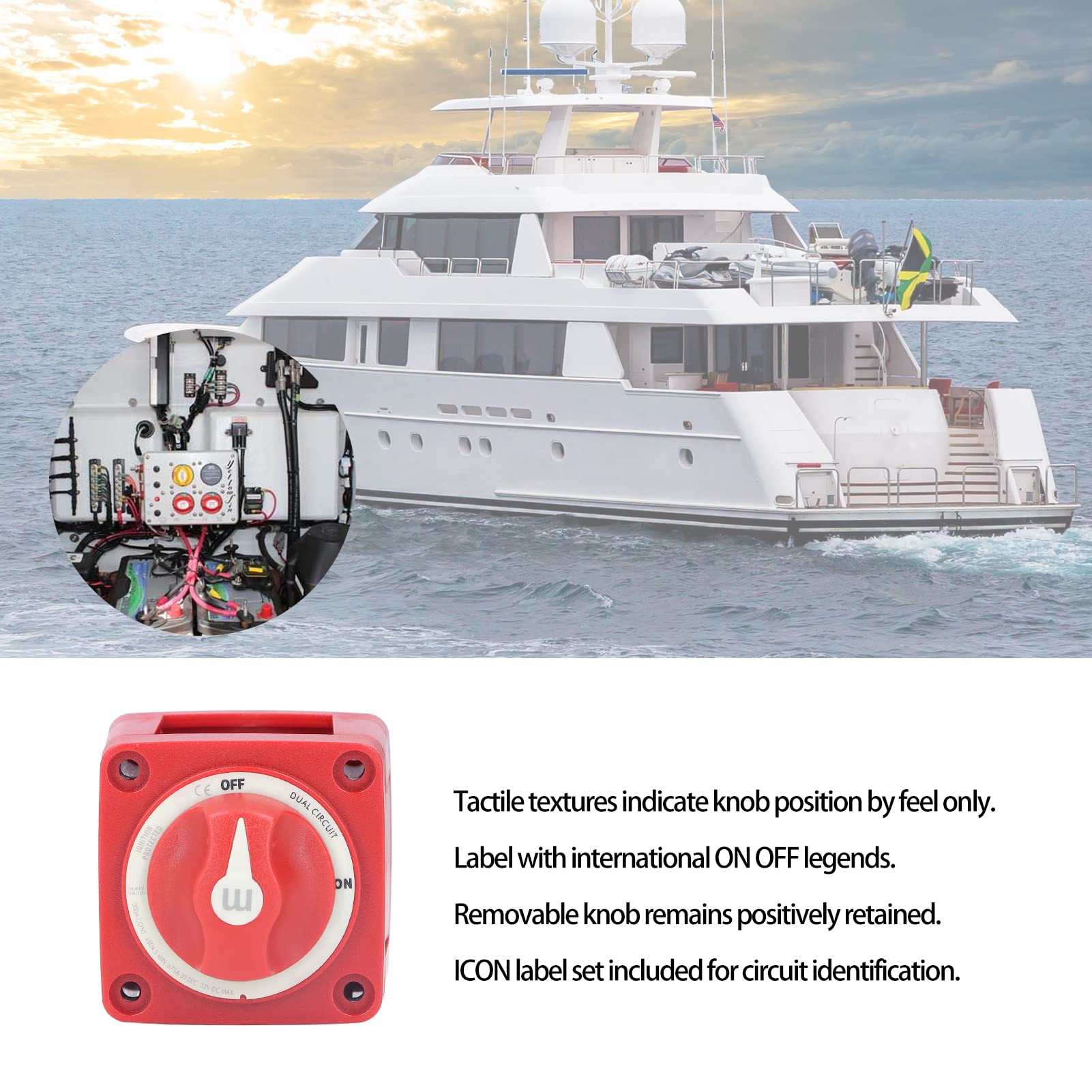KIMISS Interruptor de Perilla de Batería 300A, Interruptor de Batería Blue Sea con Circuito Dual, 4 Cables, Protección contra Ignición, Removible, IP66, a Prueba de Agua para Yates RVS