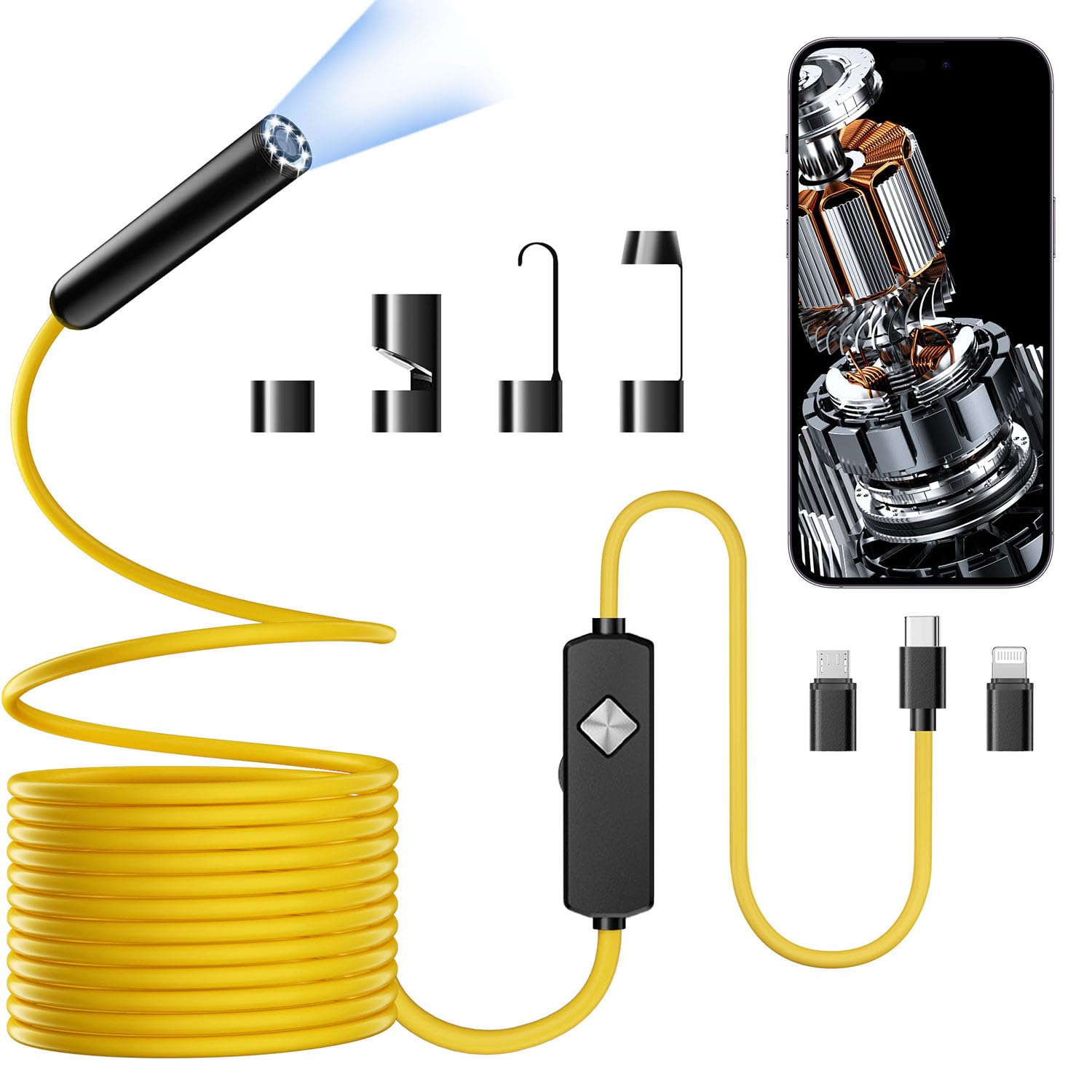 Endoscope with Light, 1920P HD Borescope with 8 Adjustable LED Lights, 16.4FT Semi-Rigid Snake Camera, IP67 Waterproof Inspection Tool for iPhone &amp; Android - Single Lens(Yellow)-Model-A
