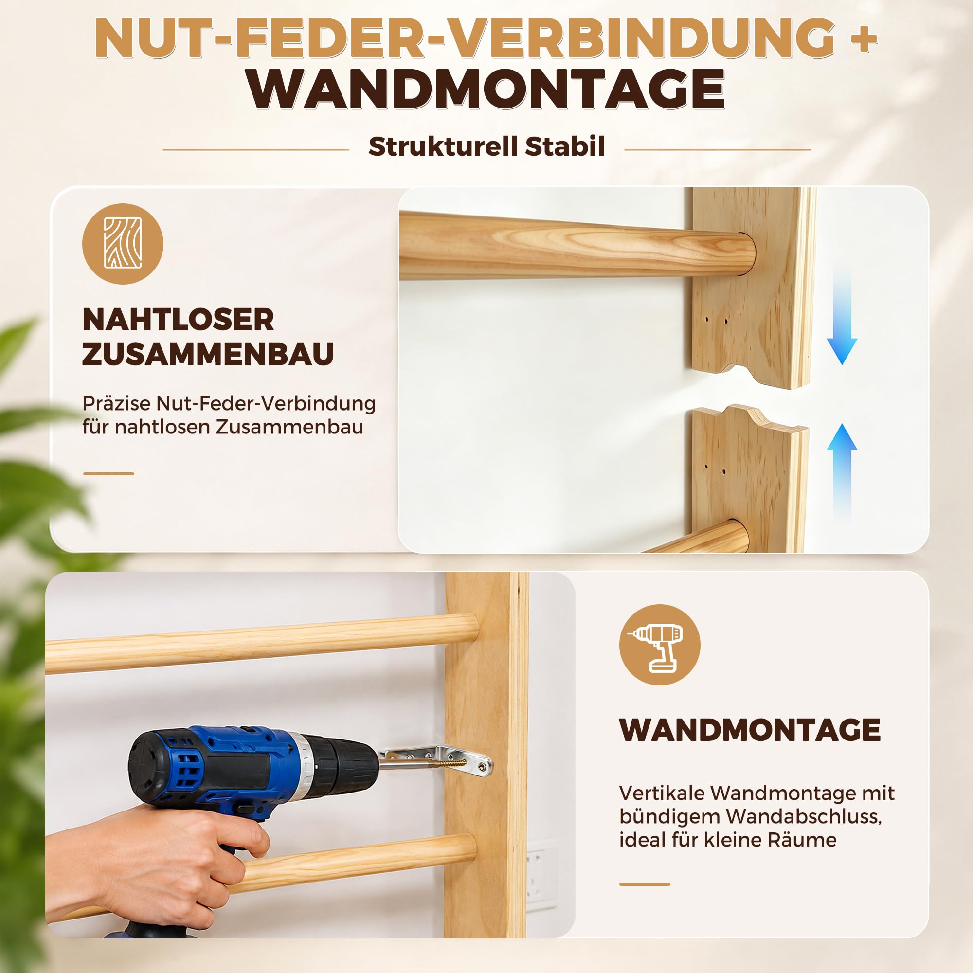 4 IN 1 Sprossenwand mit Klimmzugstange & Dip Extension, 150kg Wandmontage Schwedenleiter mit 4EVA-Griffbezüge & Widerstandsbänder & Gymnastikringe, Holz-Kletterwand Sprossenwand für Erwachsene, Kinder