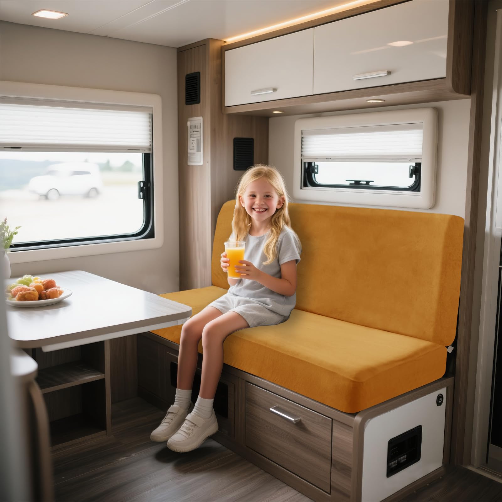 UNBBRRL Motorhome Seat Covers Stretchy Velvet, Caravan Dinette Cushion Cover Set (2pcs), RV Bench/sofa Cushion Cover with Fixing Ties (golden,Rectangle-L)