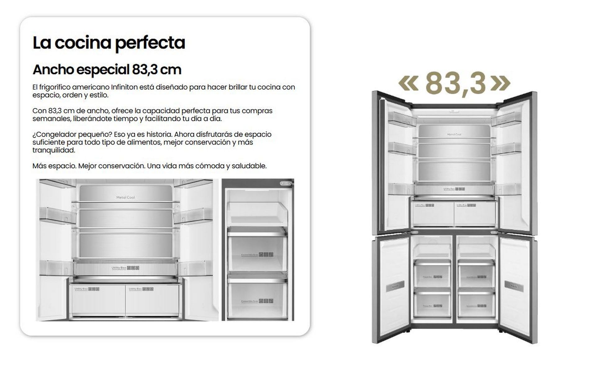 Frigorifico Americano INFINITON AMCB-580CD90XEH, 190 cm de Altura, Total No Frost, 4 Puertas, Inverter, Ancho 83 cm, E, Inox