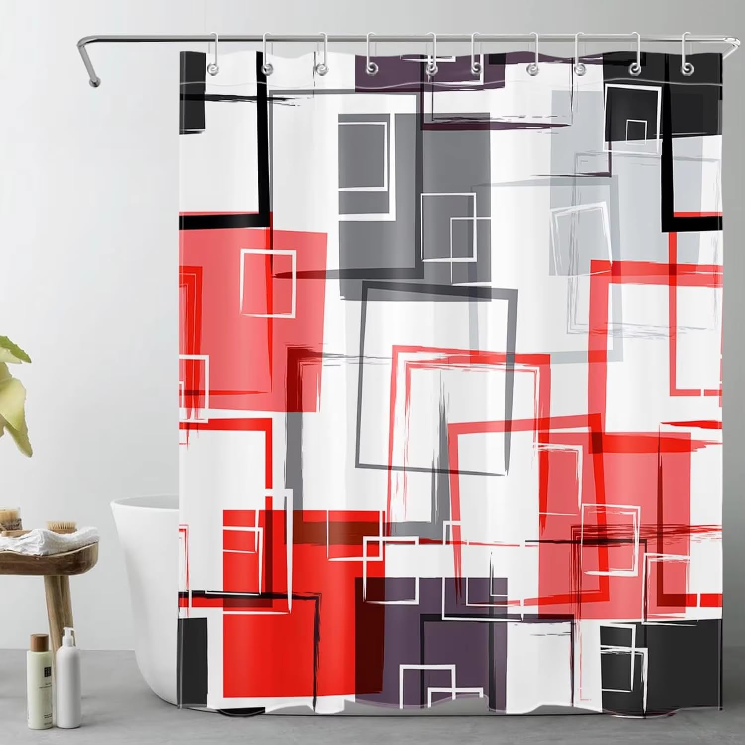 KELAIMI Abstract Geometric Grid Shower Curtain,Modern Art Bathroom Curtains with Hooks,Neutral Quick-Drying Polyester Bathtub Curtains For Bathroom Red 200X240Cm