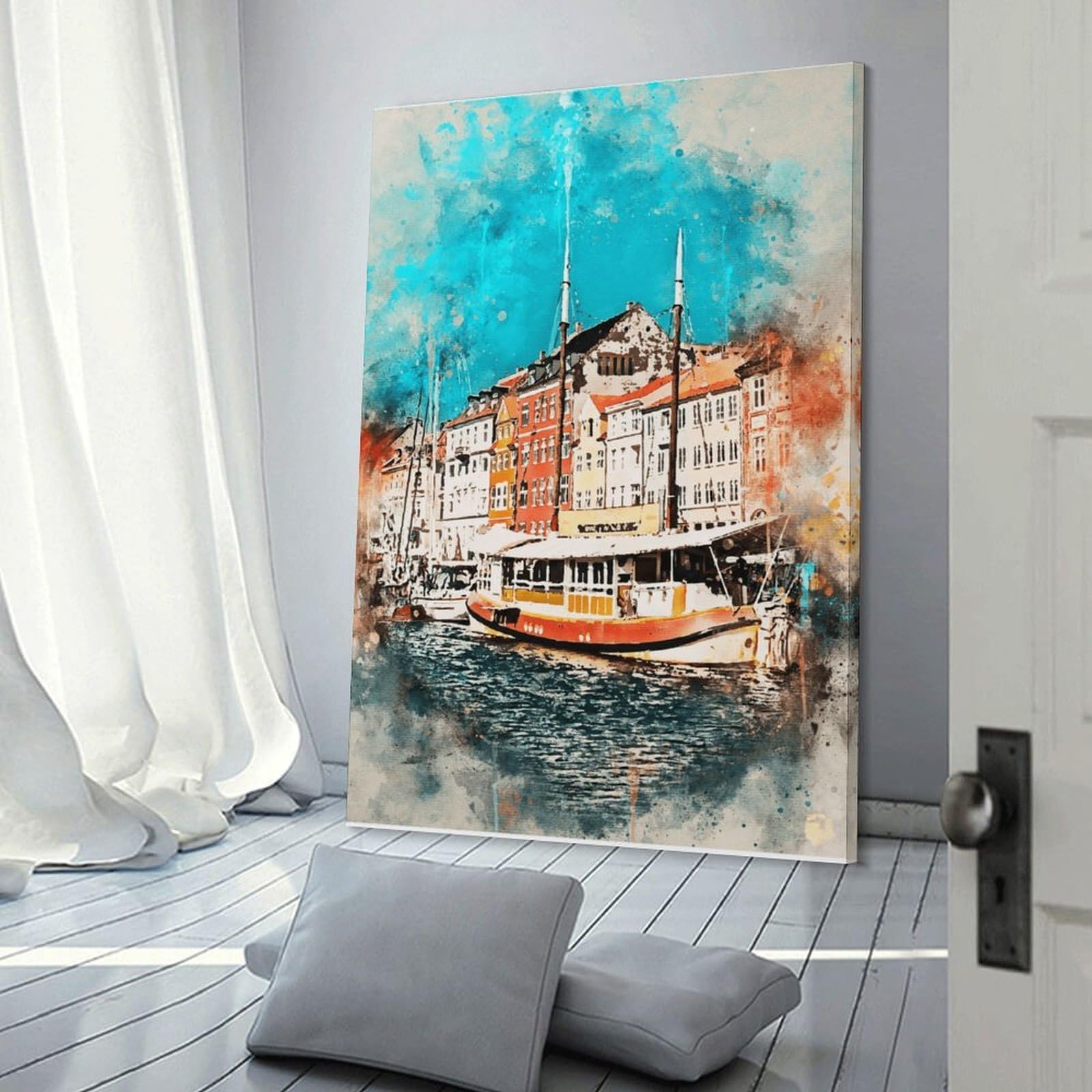 Junmoney Watercolor Painting of Boats Decorative Wall Artwork, 16x24inch(40x60cm), for Work Areas, Reading Rooms Or Studios, Wall Art That Adds Style to Work Areas