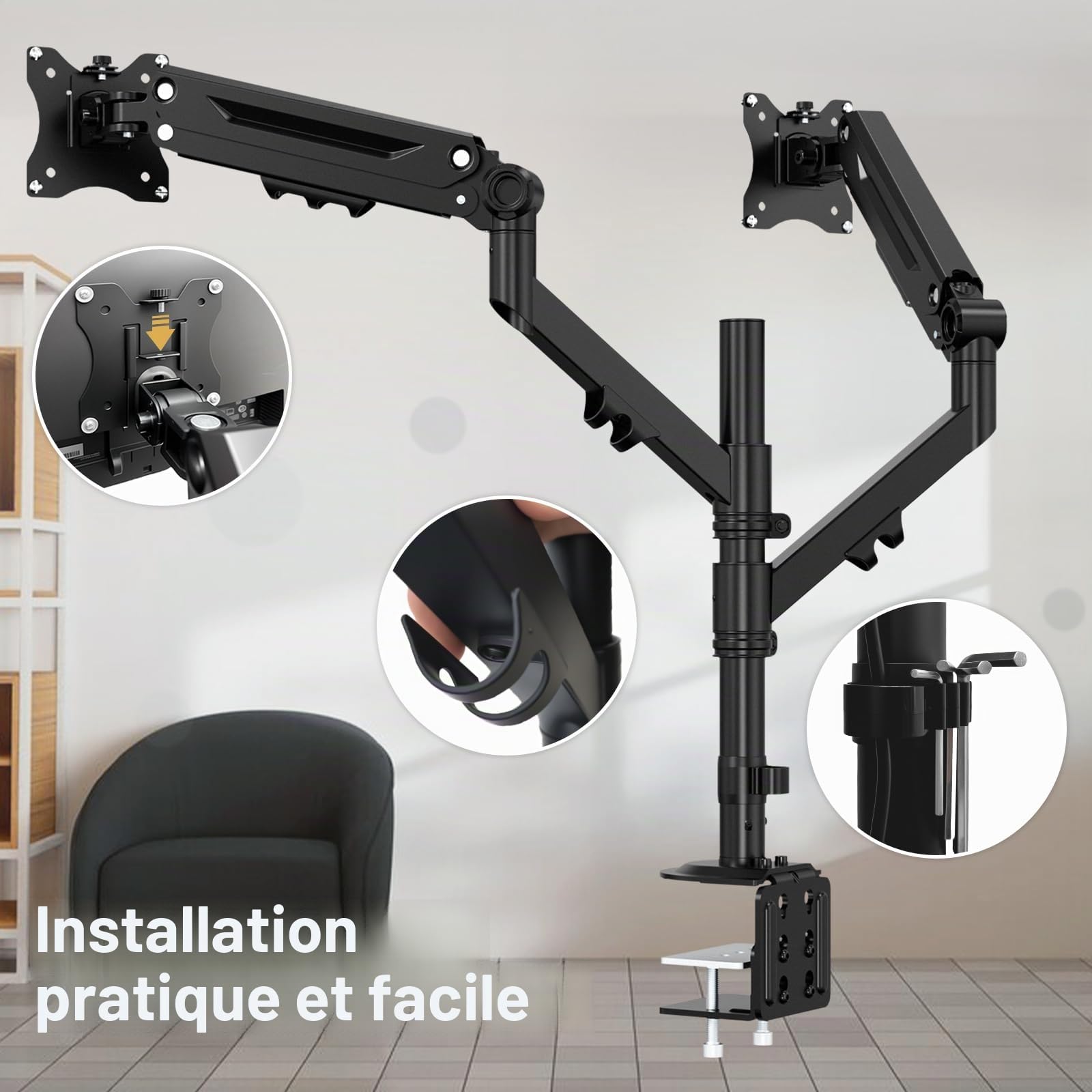 Support Double Moniteur pour 17 à 40 Pouces, supporte jusqu'à 12 kg, Bras de Moniteur pour 2 moniteurs placés verticalement/parallèlement, Montage VESA 75/100 mm