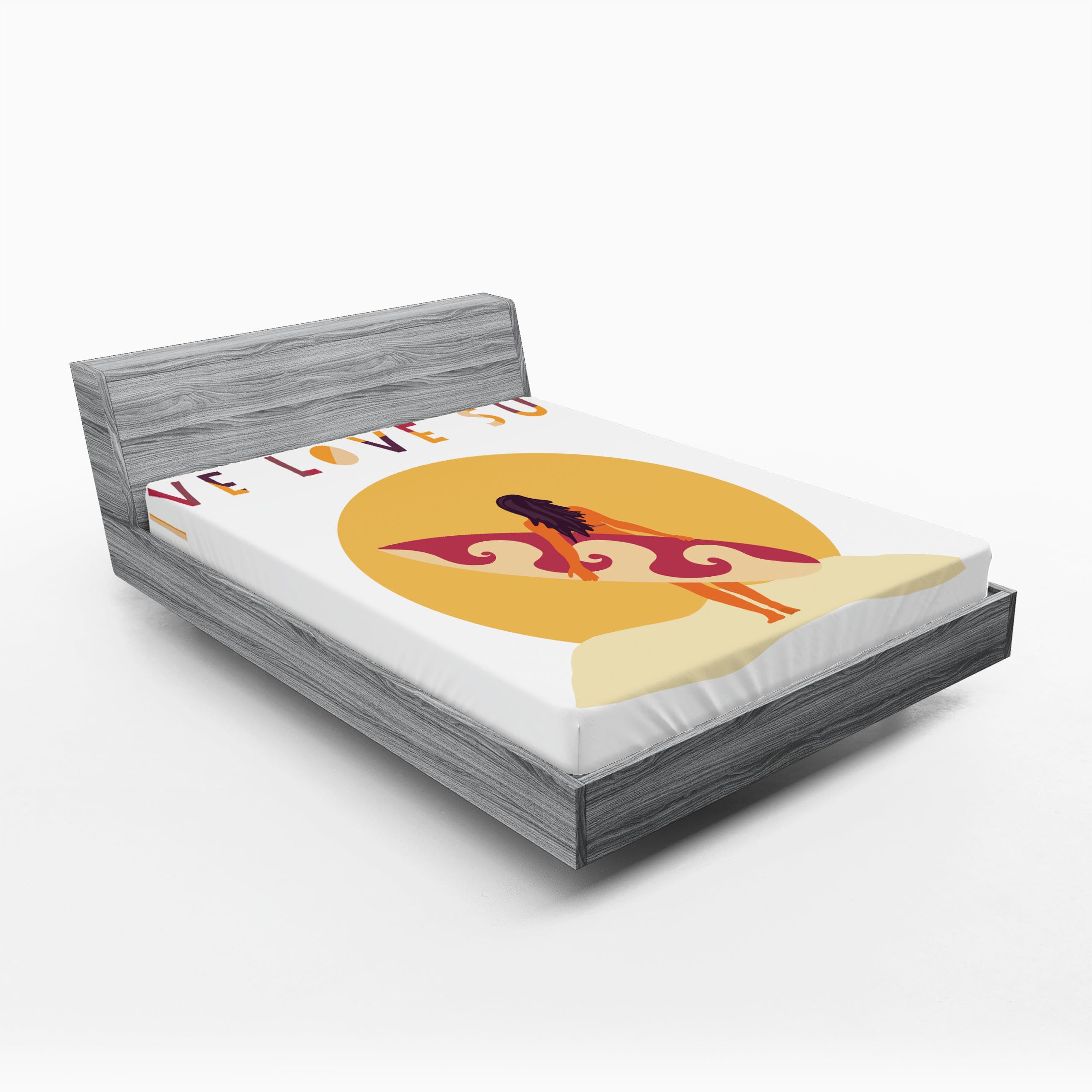 Ambesonne Graphic Beach 2 Pack Fitted Sheet, Live Love Surf Girl, Bed Cover All-Round Elastic Deep Pockets 2 Pieces, Package Contains 2 King Size Fitted Sheets, Yellow Beige