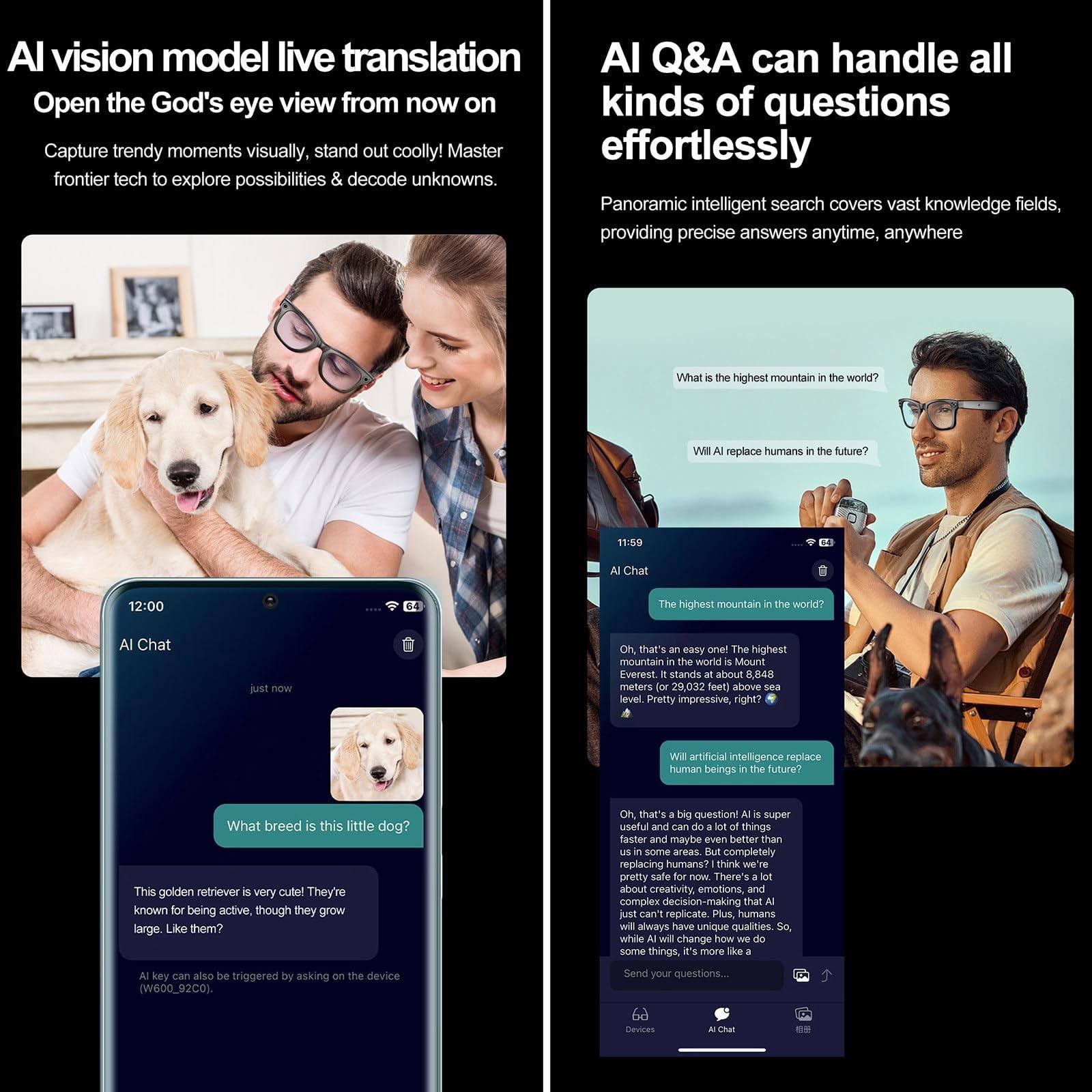 Lunettes Intelligentes Ia Pour Hommes/Femmes, Avec Caméra Ip65, étanches, Bluetooth, Appels, Lecture De Musique, Lunettes Intelligentes, Identification Des Images,BlackFrame