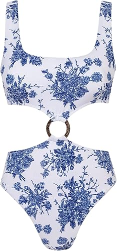 Miniatura 4 de BERLOOK Traje de baño de una pieza con corte de anillo en O Traje de baño sexy floral con cuello en U