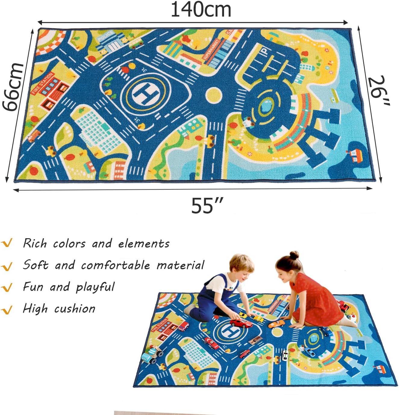 Kids Road Area Rug 26x55 Inch – Soft Polyester City Street Design Floor Rug, Non-Slip TPR Backing, Foldable Rug for Kids Bedroom & Playroom