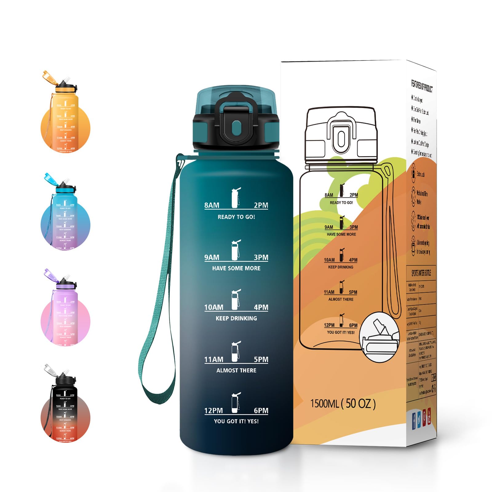 JAPORIA Sports Water Bottle 1.5L with Straw and Time Markers, BPA Free, Leak Proof, Reusable Bottle for Fitness, School and Office