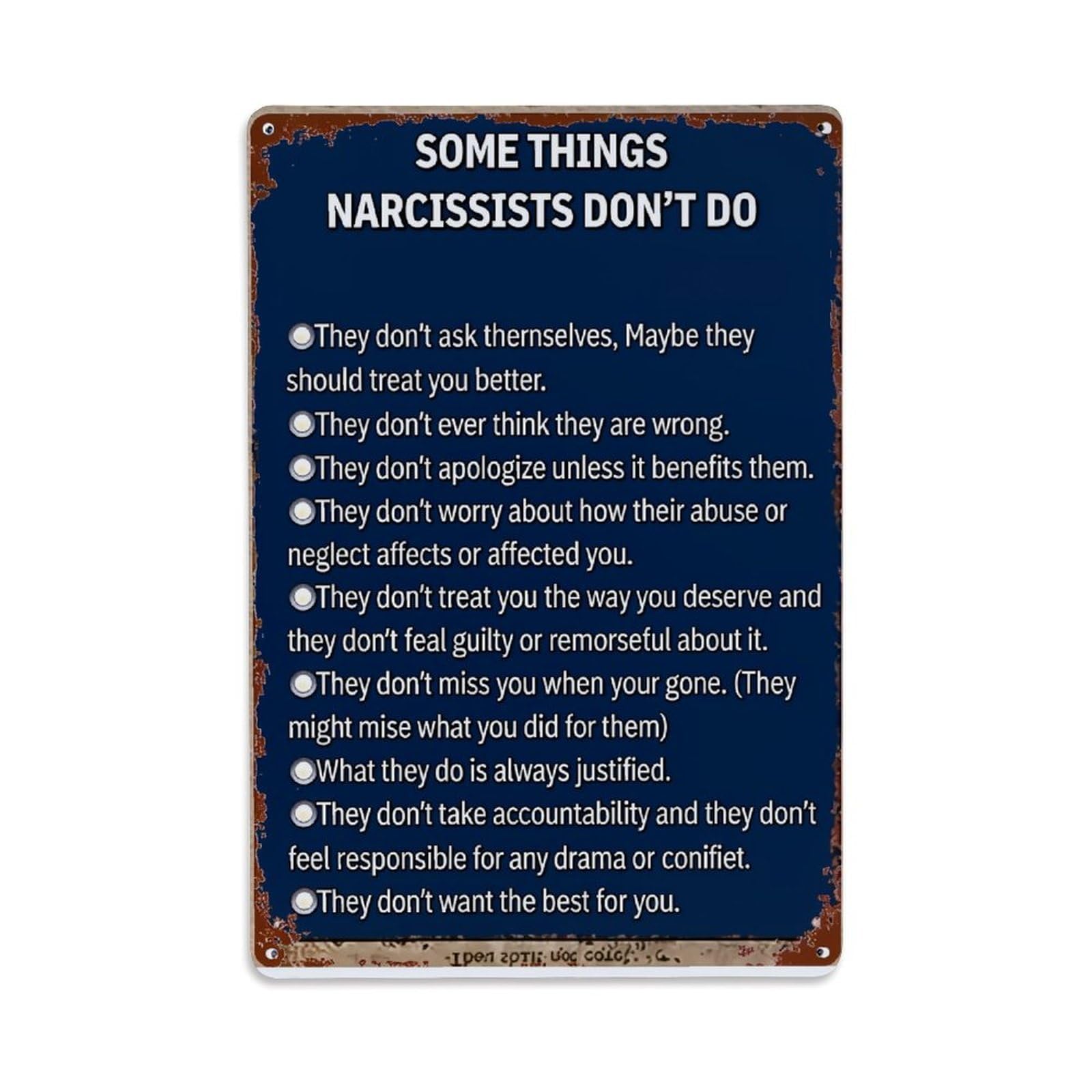 Jdfenggu Vintage Narcissist Behavior Traits List Retro Metal Tin Sign, Decor Art Poster For Bar, Home, Man Cave, Kitchen, Laundry Room Gift 8X12inch