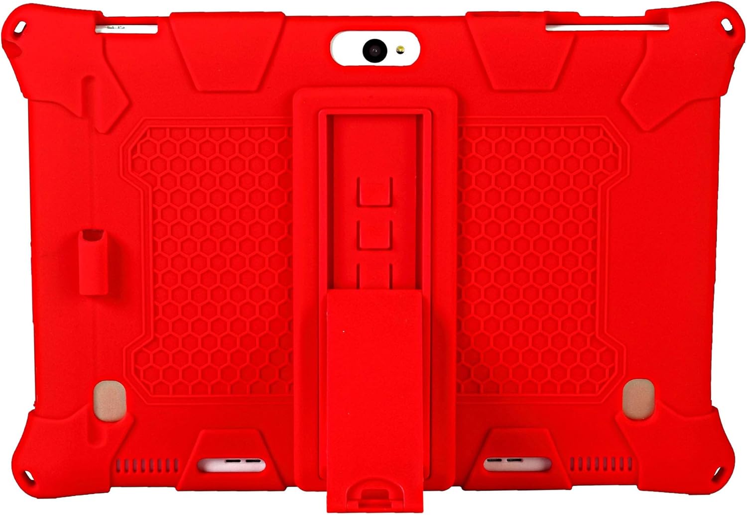 Back view of a 10.1-inch tablet in the red AKNICI silicone case, showing the camera cutout and integrated kickstand